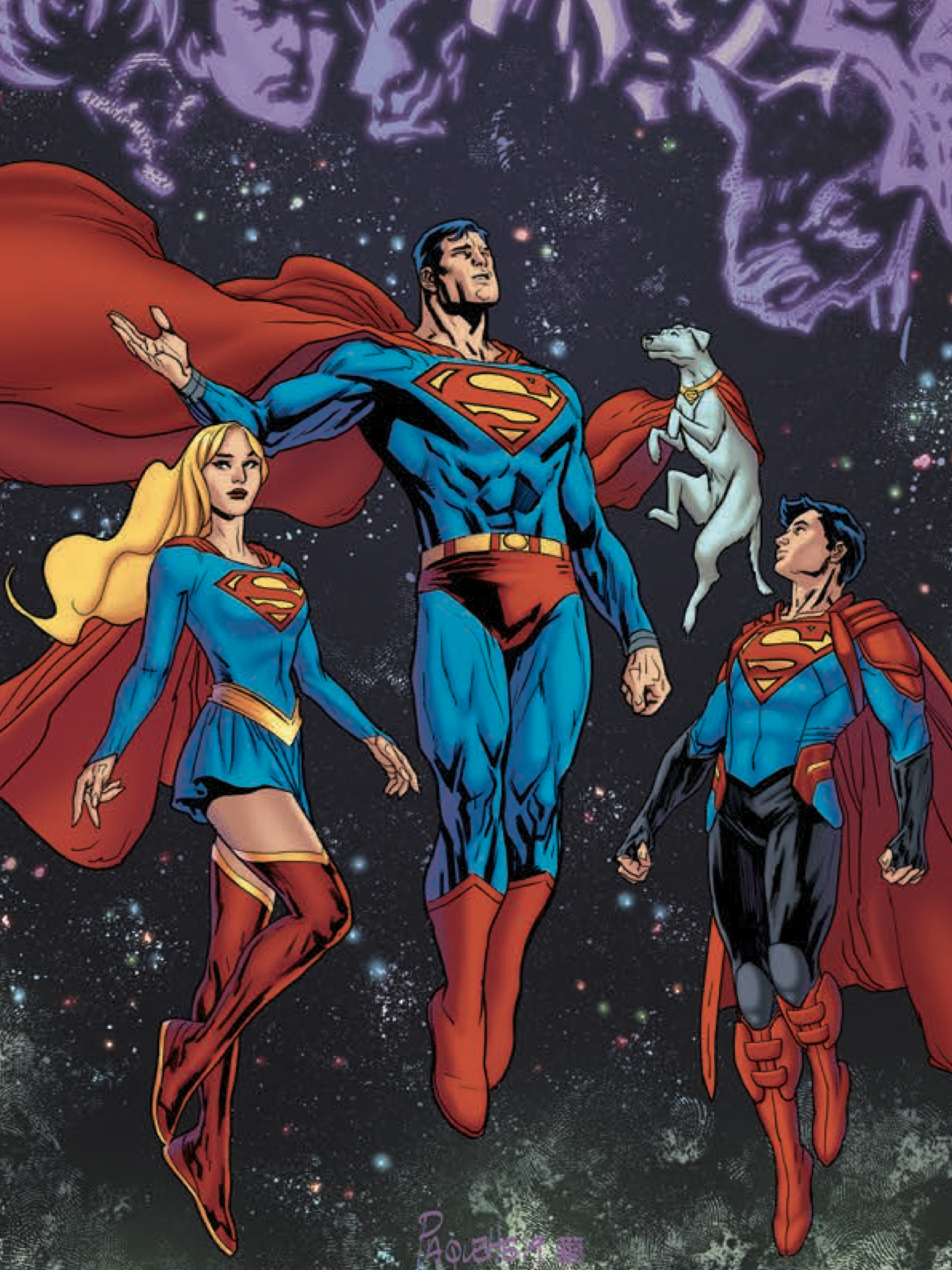 Superman, Supergirl, Superboy, and Krypto. Superman art