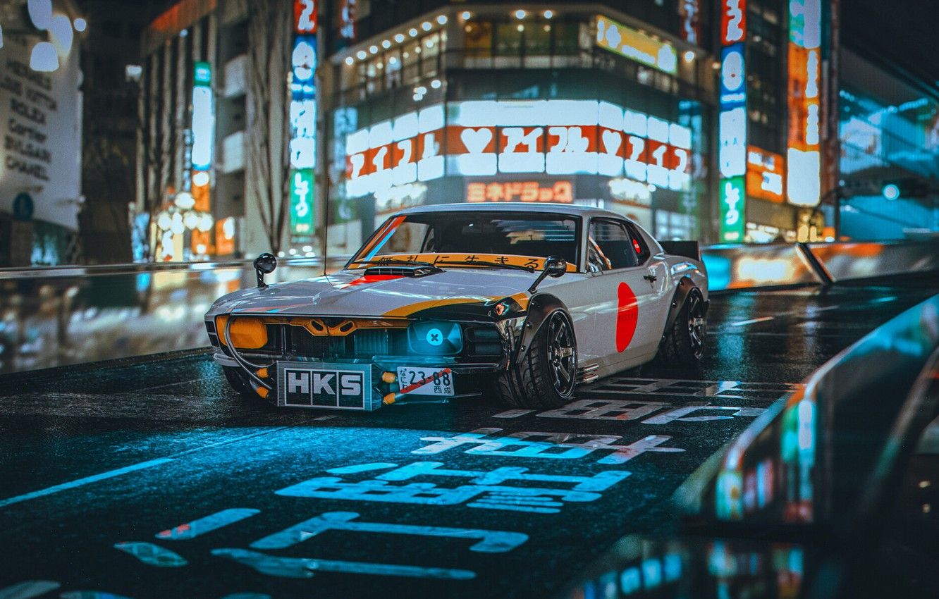 Wallpaper Mustang, Auto, The city, Japan, Retro, Machine, Tuning, City, Car, Ford Mustang, Night, Rendering, Concept Art, Science Fiction, Khyzyl Saleem, by Khyzyl Saleem image for desktop, section рендеринг