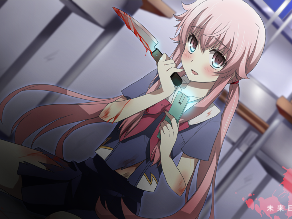 The girl with a bloody knife in the anime Yandere Desktop