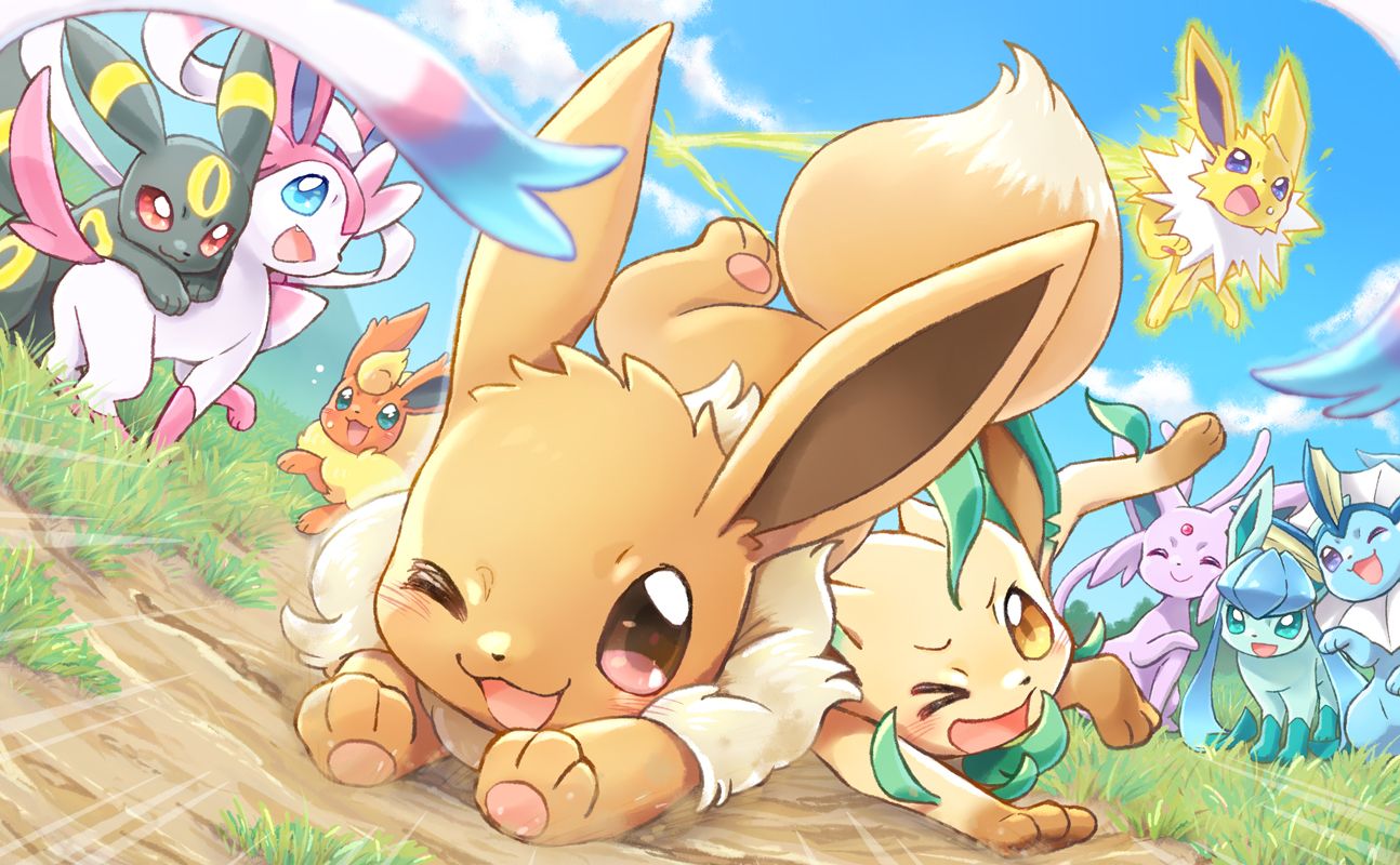 clouds eevee espeon flareon glaceon grass group jolteon leafeon