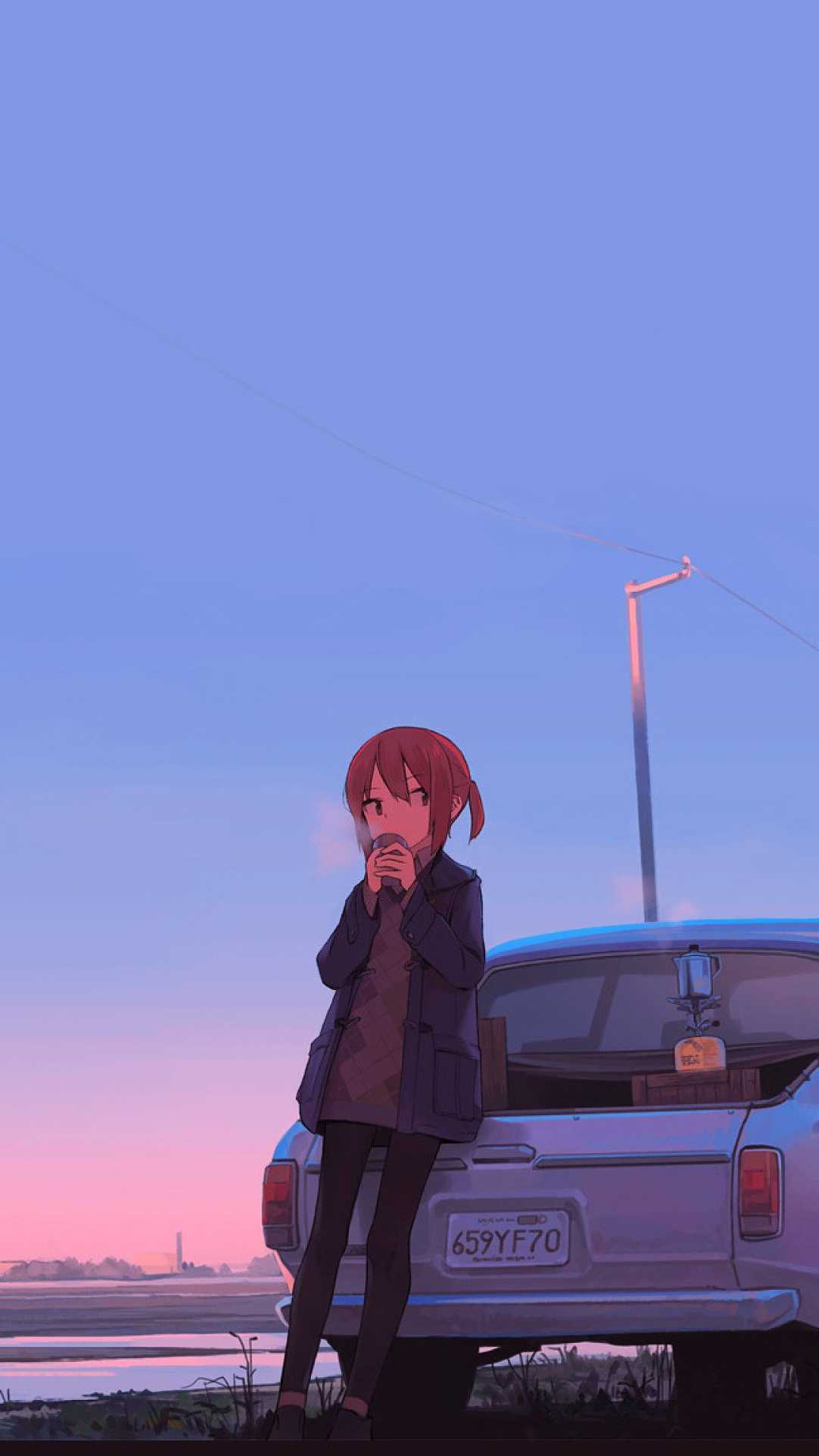 Anime Girl Car Drinking Coffee HD Wallpaper