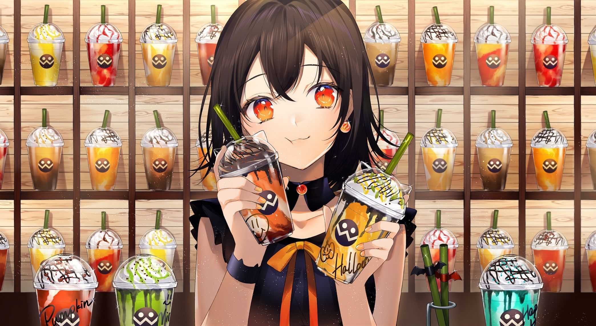 Download 2089x1145 Anime Girl, Waitress, Coffee Shop, Cute, Orange Eyes, Sweet Drinks Wallpaper