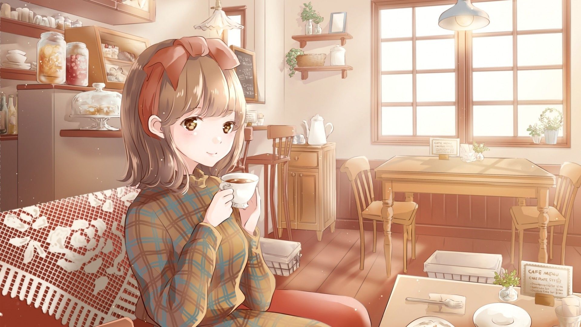 Download 1920x1080 Anime Girl, Cozy Coffee Shop, Drinks, Smiling, Food, Couch Wallpaper for Widescreen