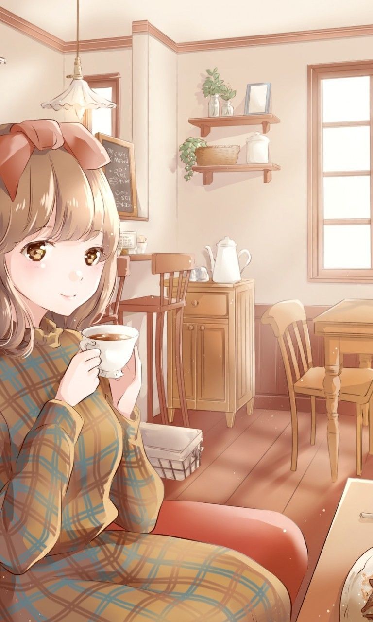 Download 768x1280 Anime Girl, Cozy Coffee Shop, Drinks, Smiling