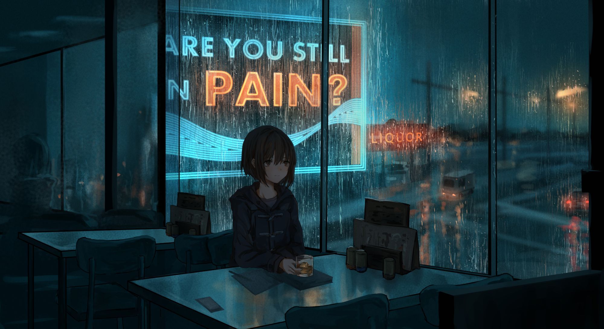 Anime 2000x1091 dark anime rain night window sitting restaurant. Anime scenery wallpaper, Dark anime, Anime scenery