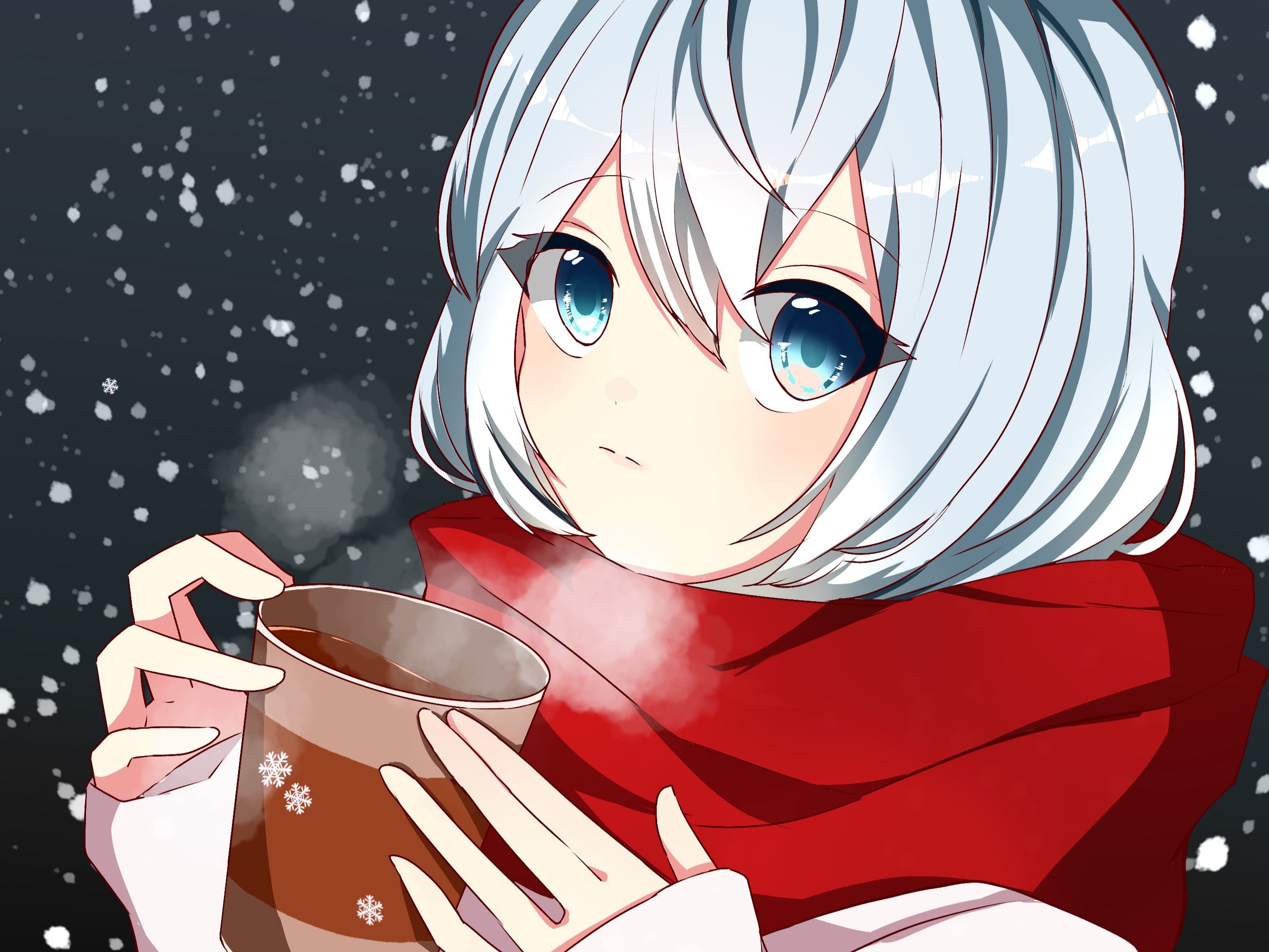 Anime girl drinking hot chocolate on a cold snowy night HD Wallpaper