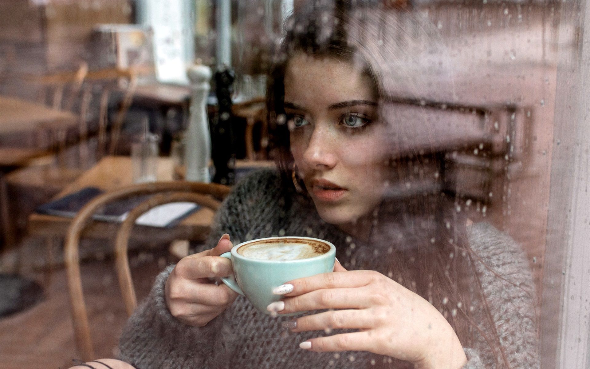 Wallpaper Girl drink coffee, window 1920x1200 HD Picture, Image