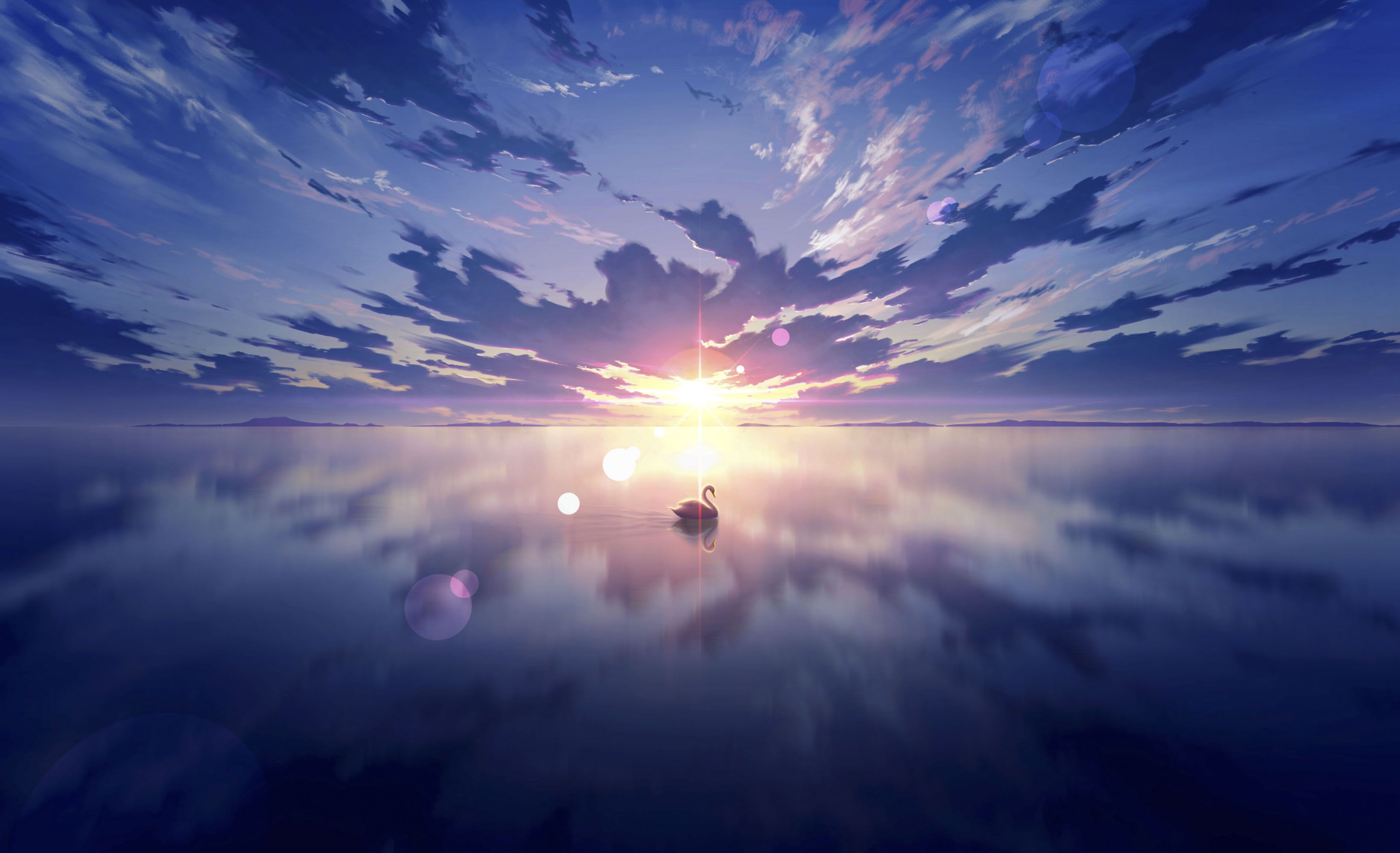 anime, #anime sky, #sky, #skyscape, #lake, #swan, #reflection, #shining, #sunlight, #nature, #water, #sea, #landscape, #clo. Skyscape, Wallpaper, Sunset painting