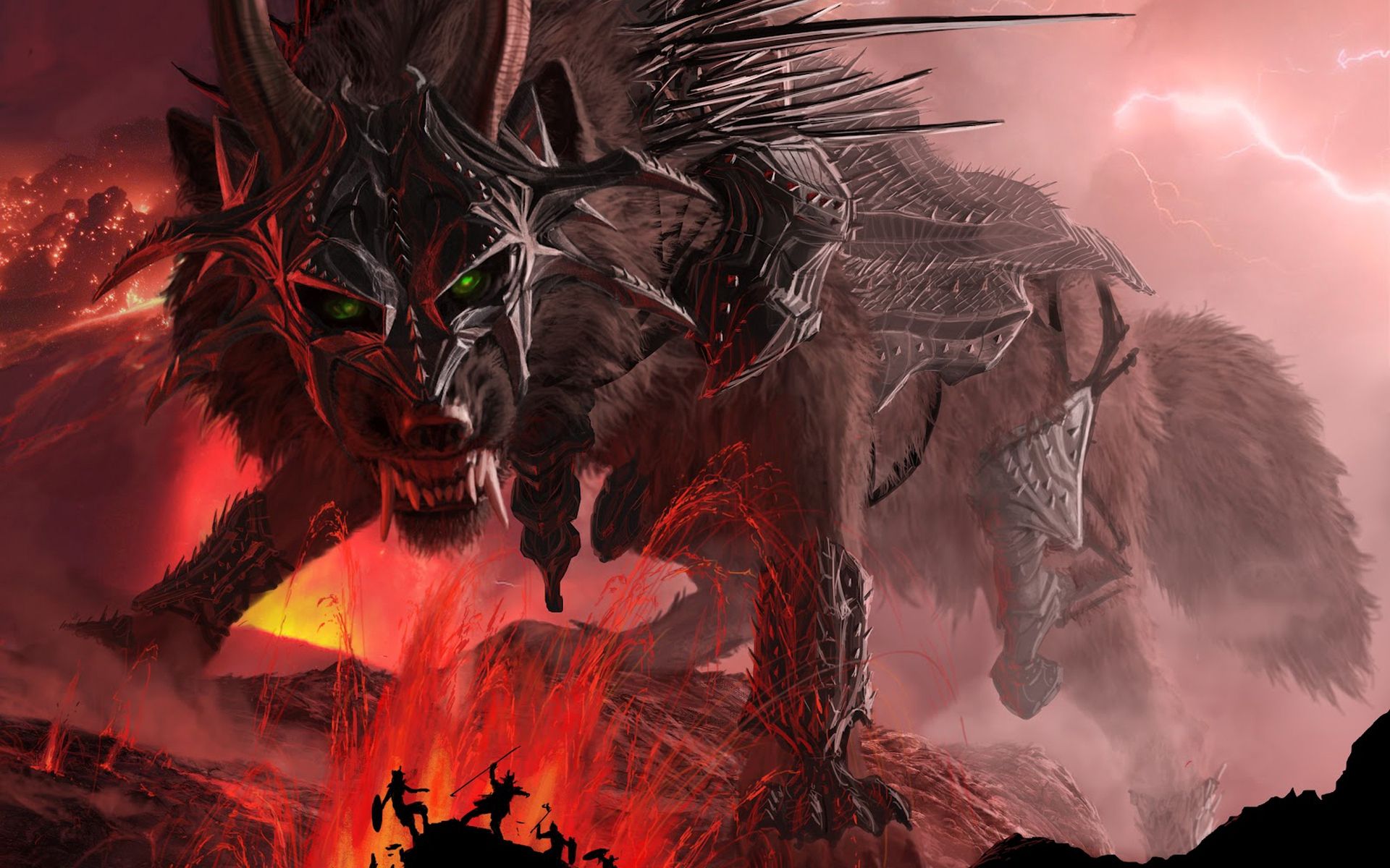 Wolf jaws teeth horns armor mountains lava lightning wallpapers.
