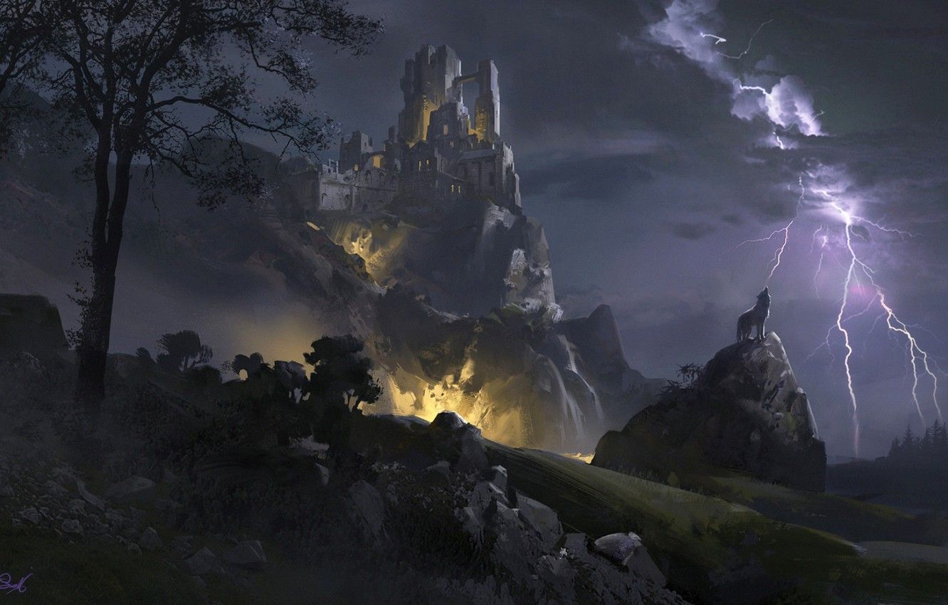 Wallpaper mountains, night, clouds, stones, castle, tree