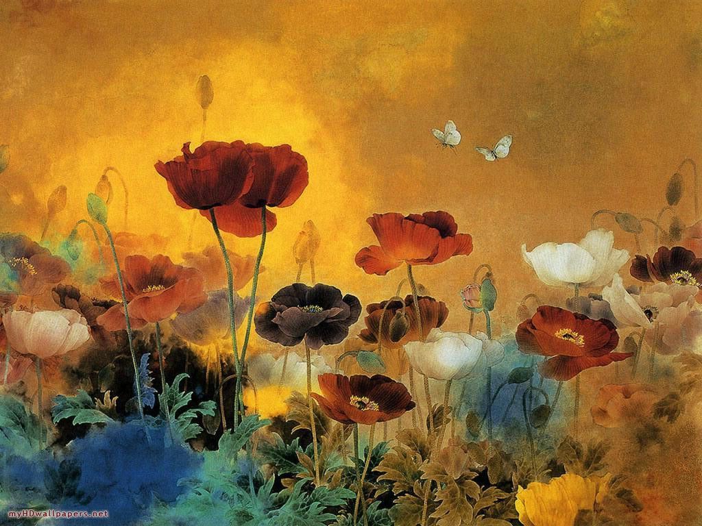 Poppy flower painting. Sanatsal resimler, Sanat çiçekler, Japonca