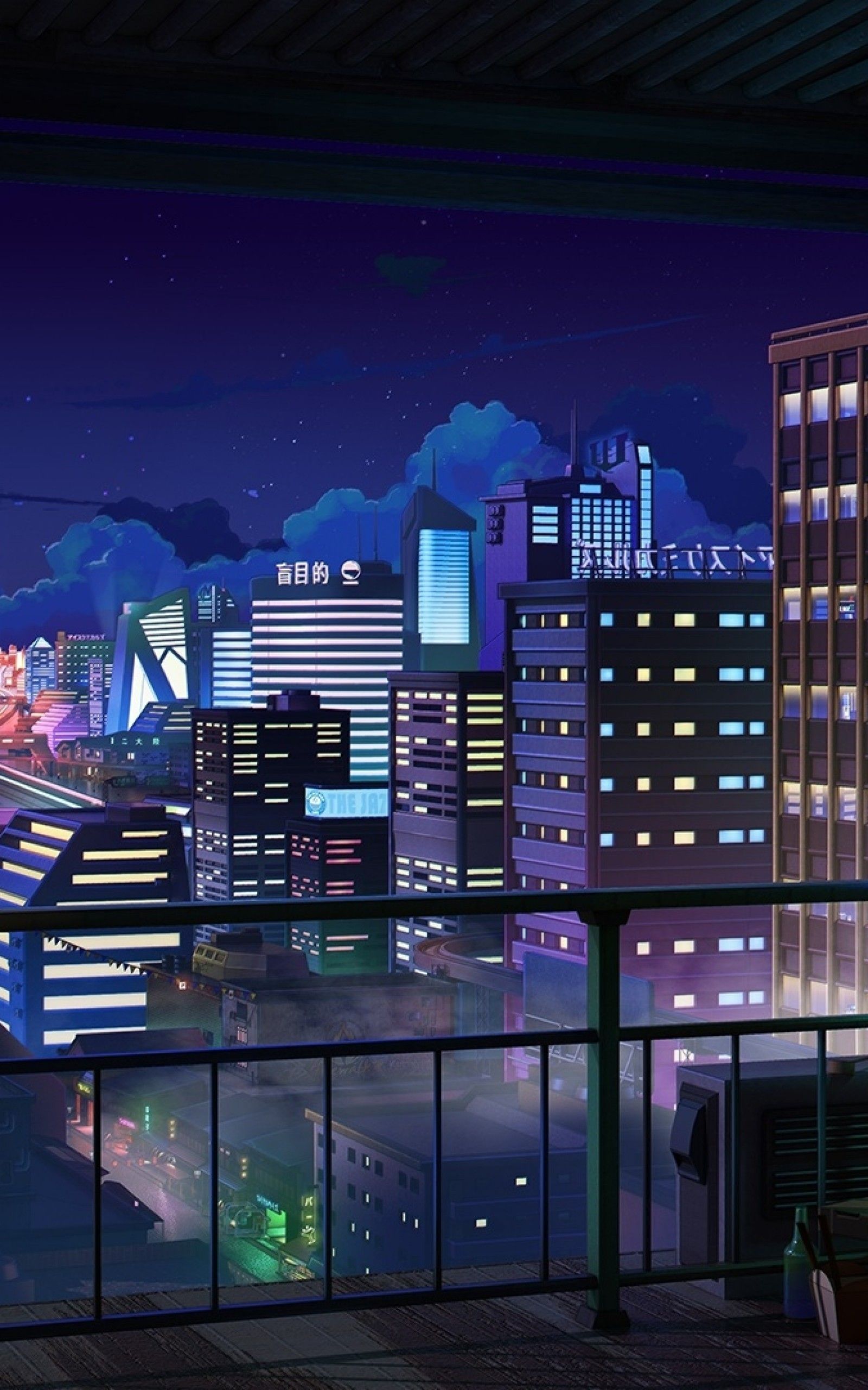 Anime Cityscape, Night, Buildings, Balcony, Stars, Fi City