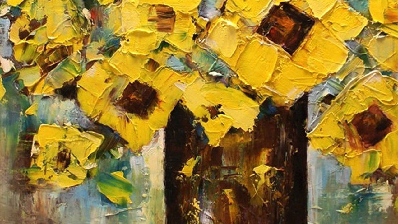 Hand, Painted, Yellow, Flower, In, Vase, Oil, Painting, Abstract