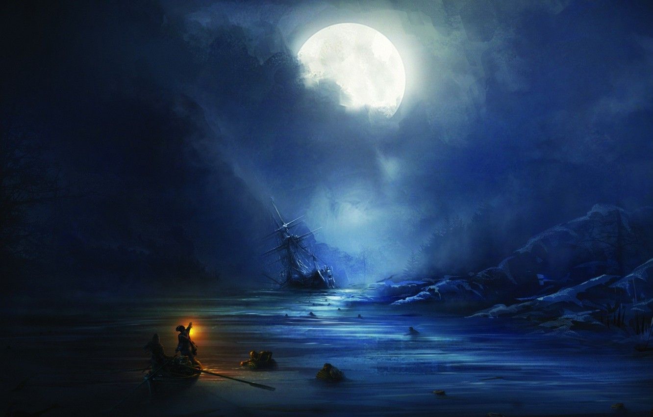 Wallpaper moon, fantasy, game, sea, people, Assassin's Creed