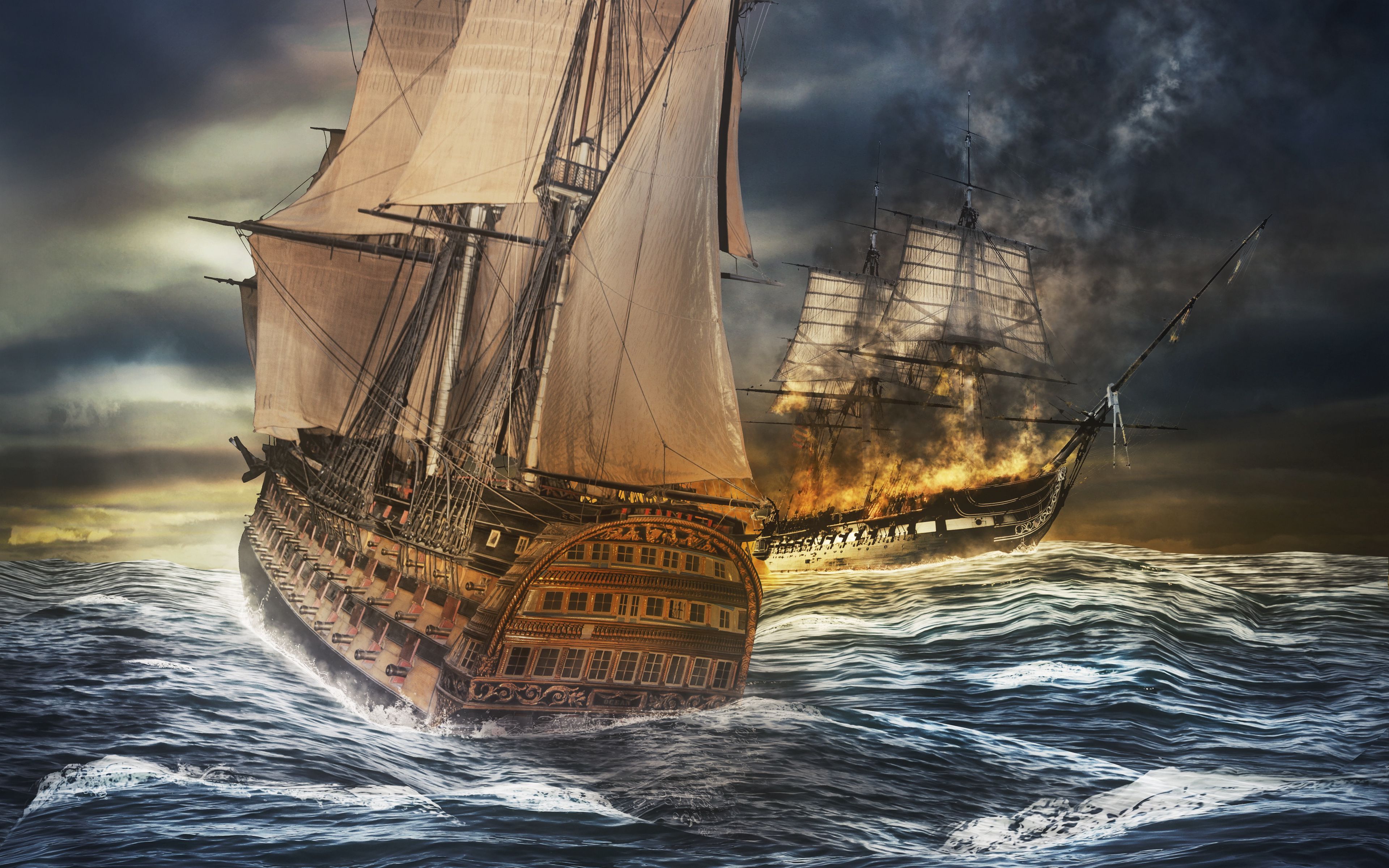 Download wallpaper 3840x2400 ships, sea, storm, sea battle