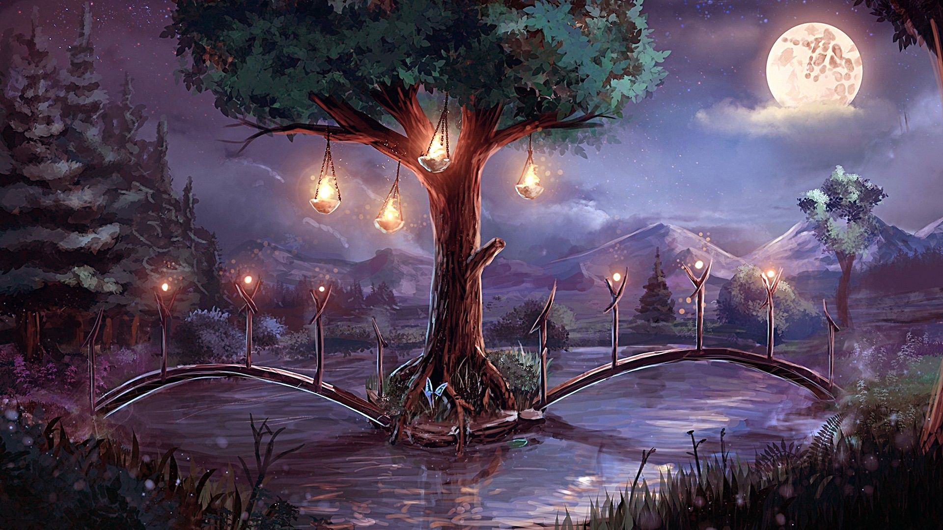 Full Moon over Fantasy landscape HD Wallpaper. Background Image