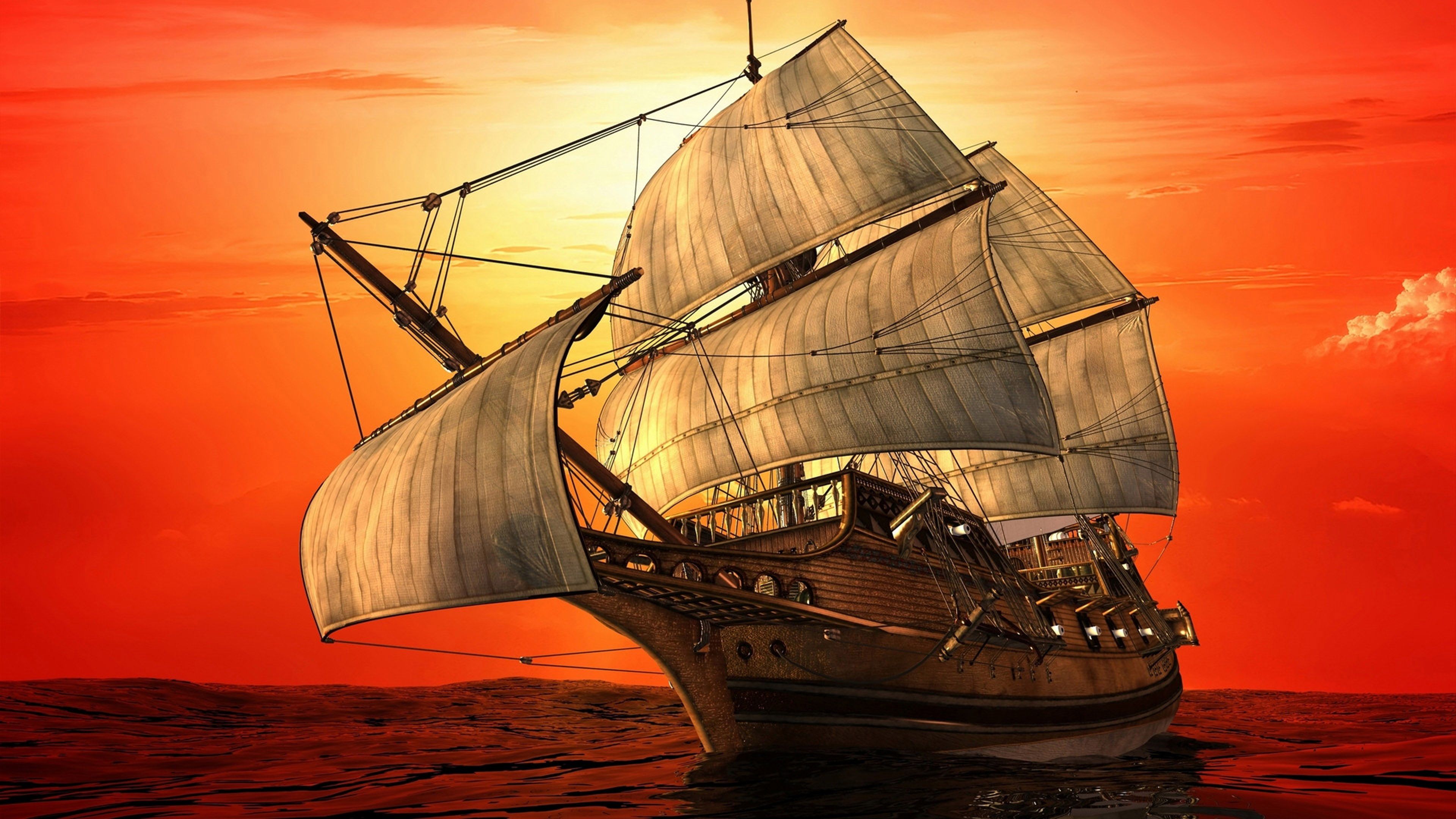 Ship With Sails Sea Sunset Red Sky Ultra HD 4k Art Wallpaper HD 3840x2160, Wallpaper13.com