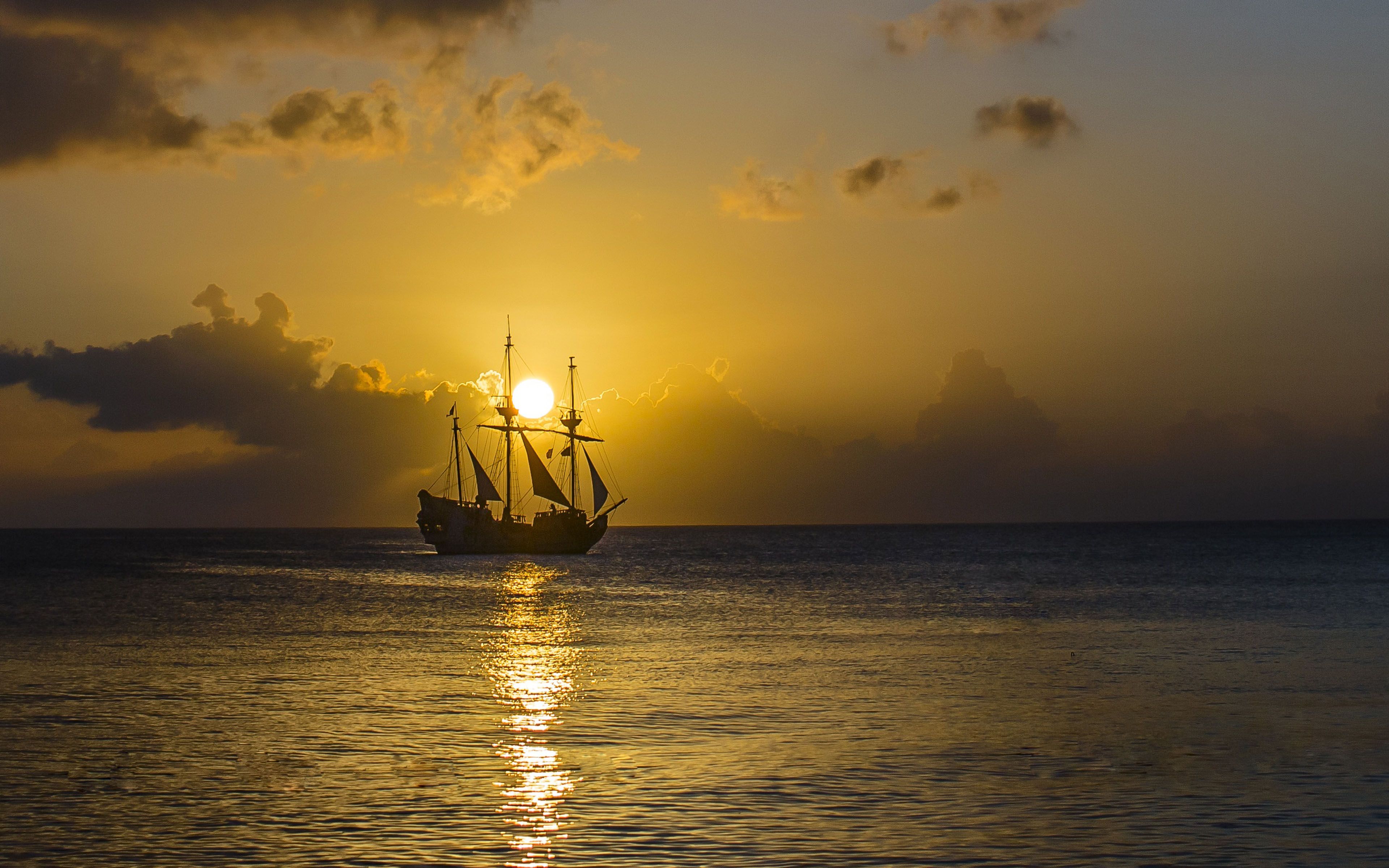 Gold Sunset Ocean Old Pirate Ship With Sail Sky 4k Ultra HD