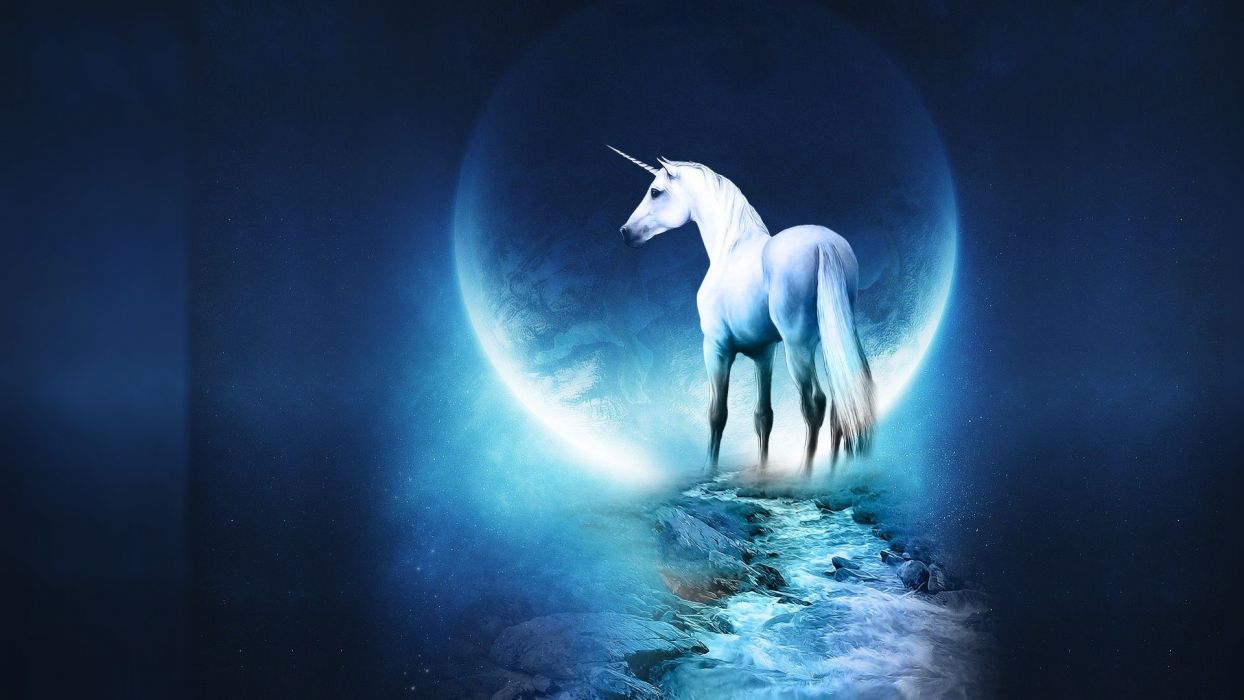 Fantasy blue Moon unicorns moonlight digital art wallpaper