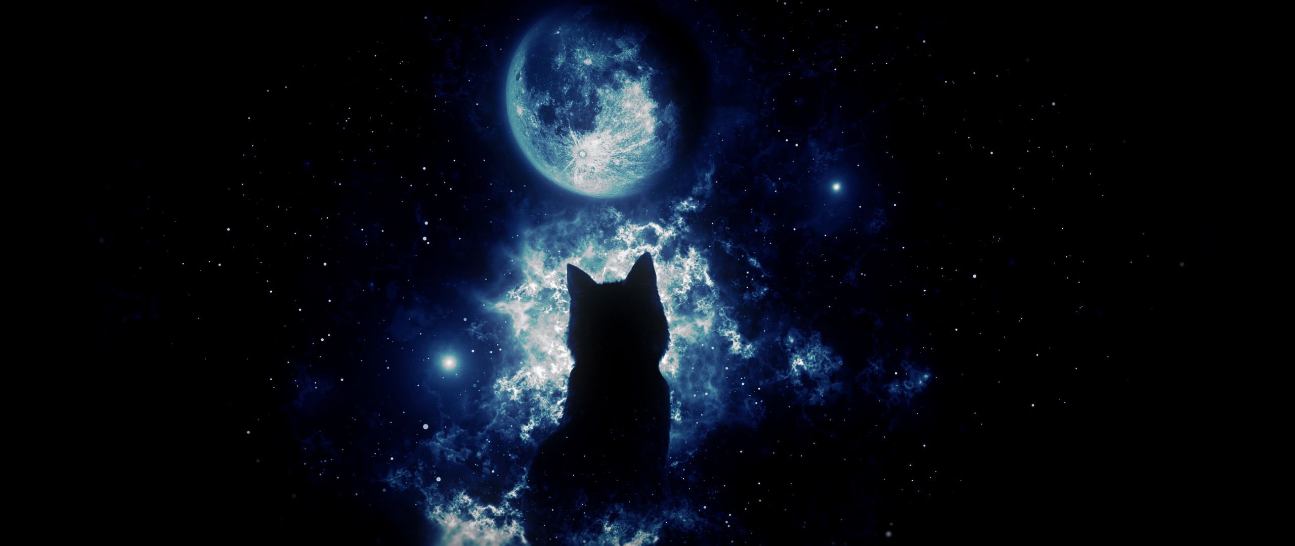 Download wallpaper 2560x1080 cat, silhouette, moon, starry sky