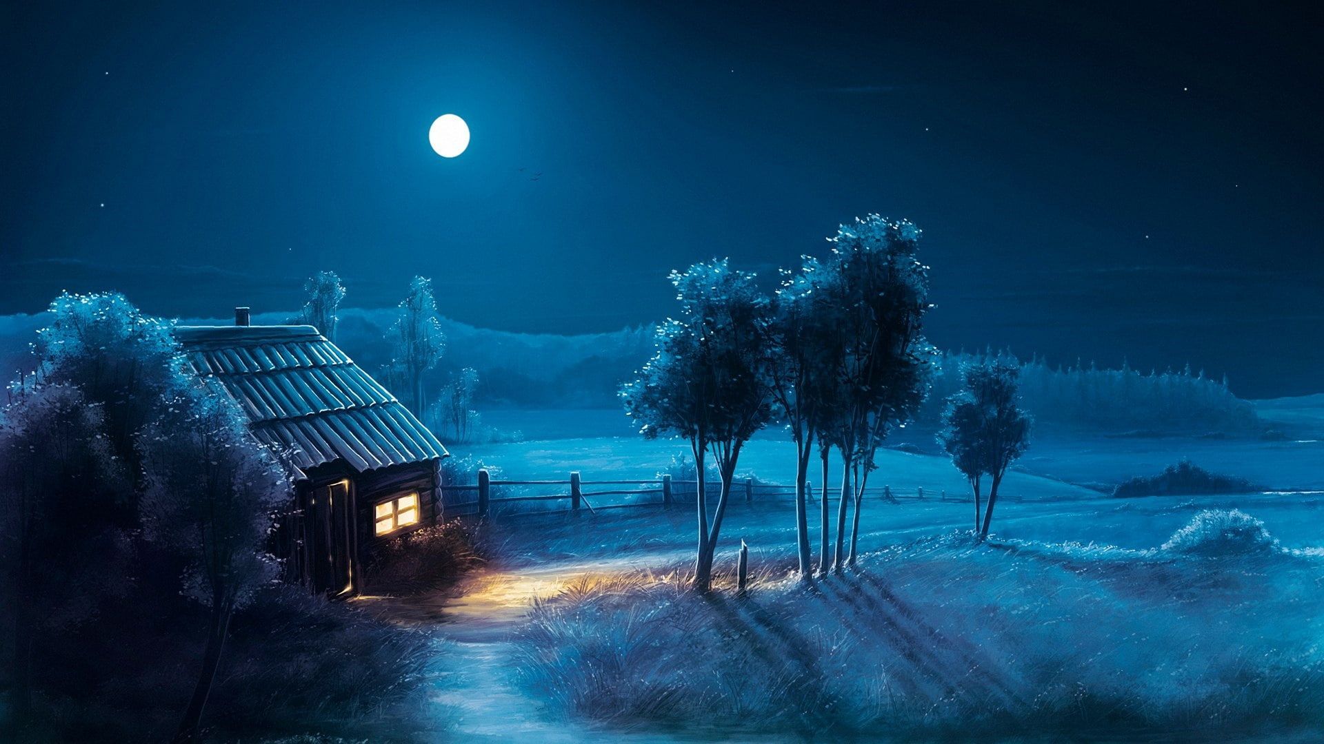 blue #house #moonlight full moon fantasy art fantasy landscape