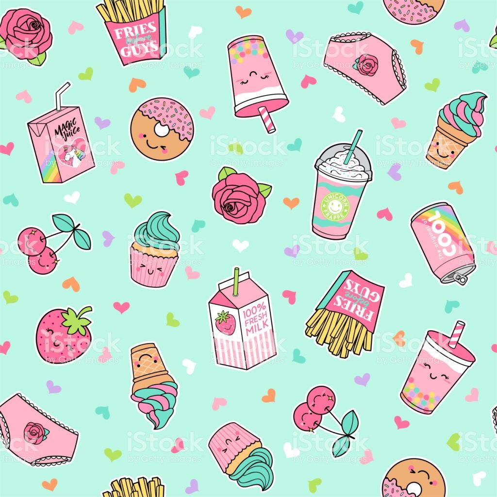 Cute Pastel Foods Patches Seamless Pattern With Heart Background