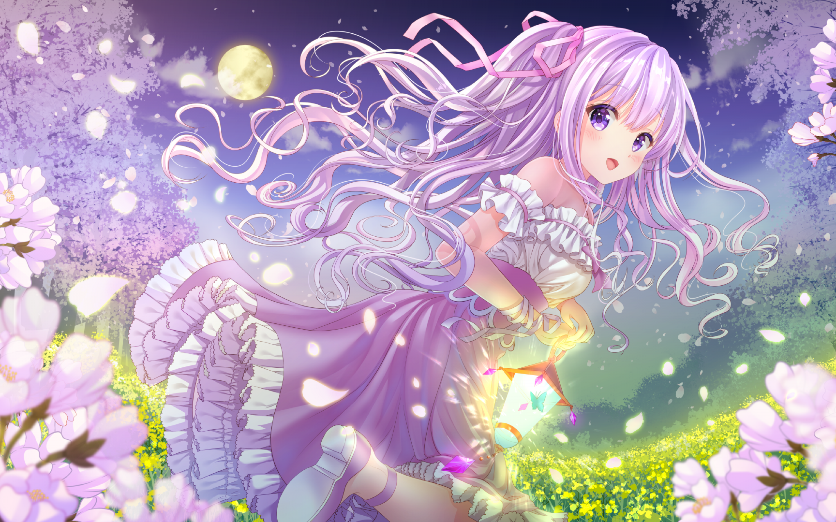 Download 2880x1800 Anime Girl, Purple Hair, Moon, Petals, Blossom