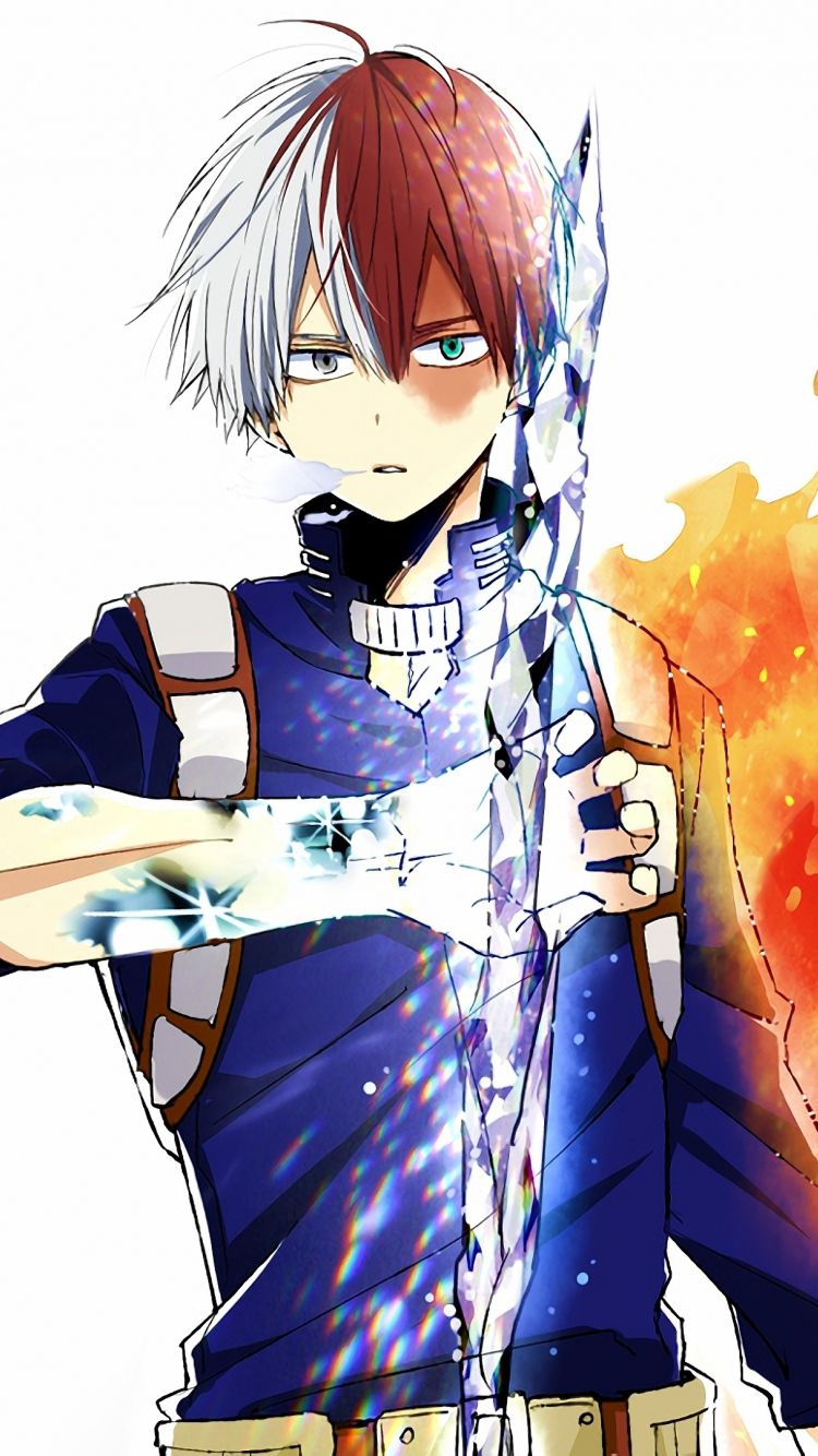 Download 750x1334 wallpaper anime, shouto todoroki, ice and fire