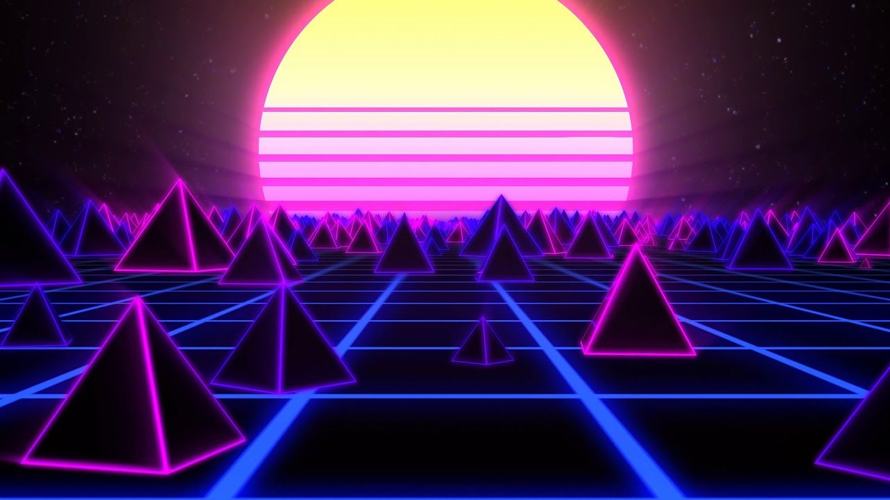 Retro Pyramids on 80s Synthwave Neon Landscape with Glowing Sun