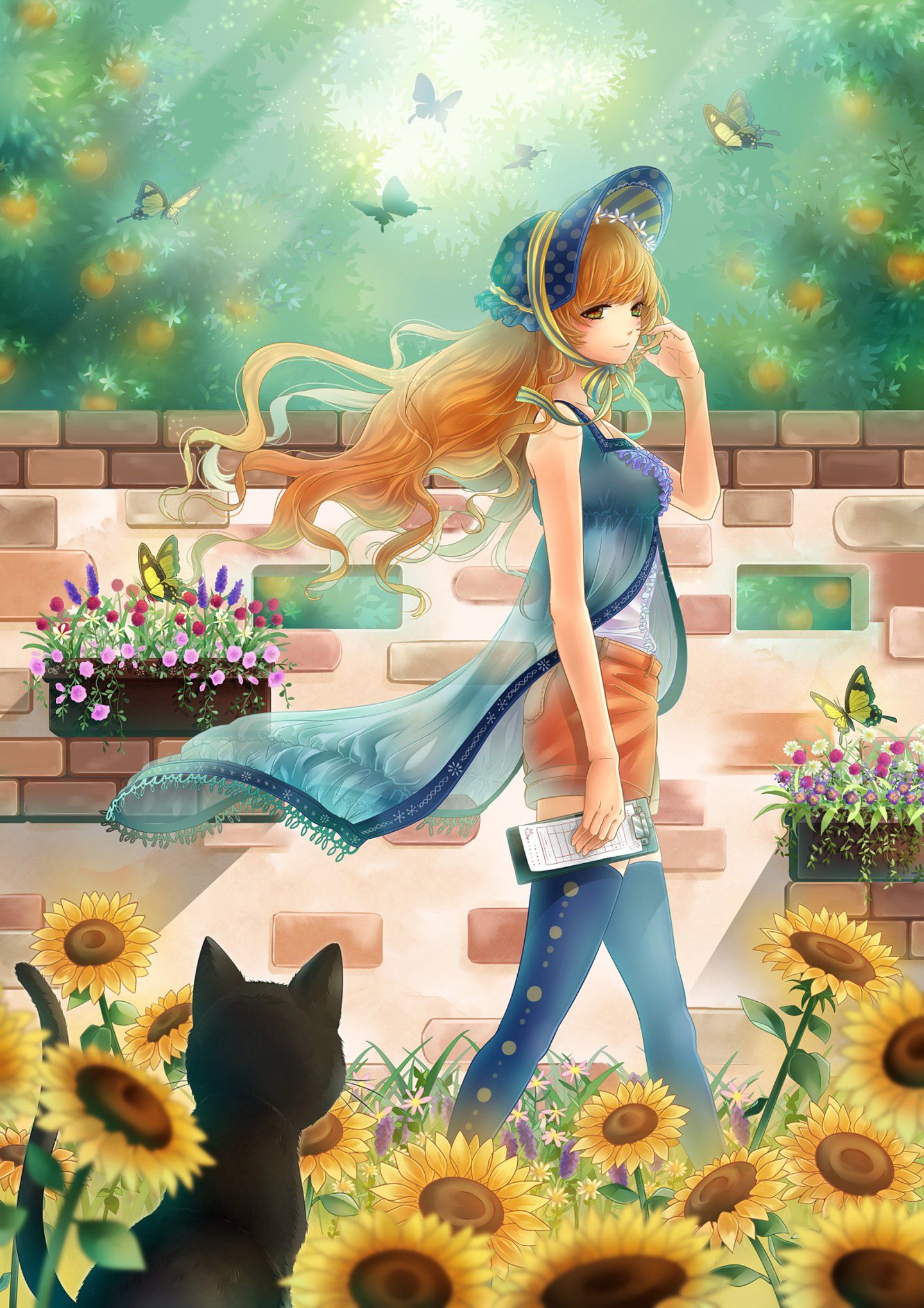 Original anime girl sunflower summer dress flower cat butterflyanimal wallpaperx2038