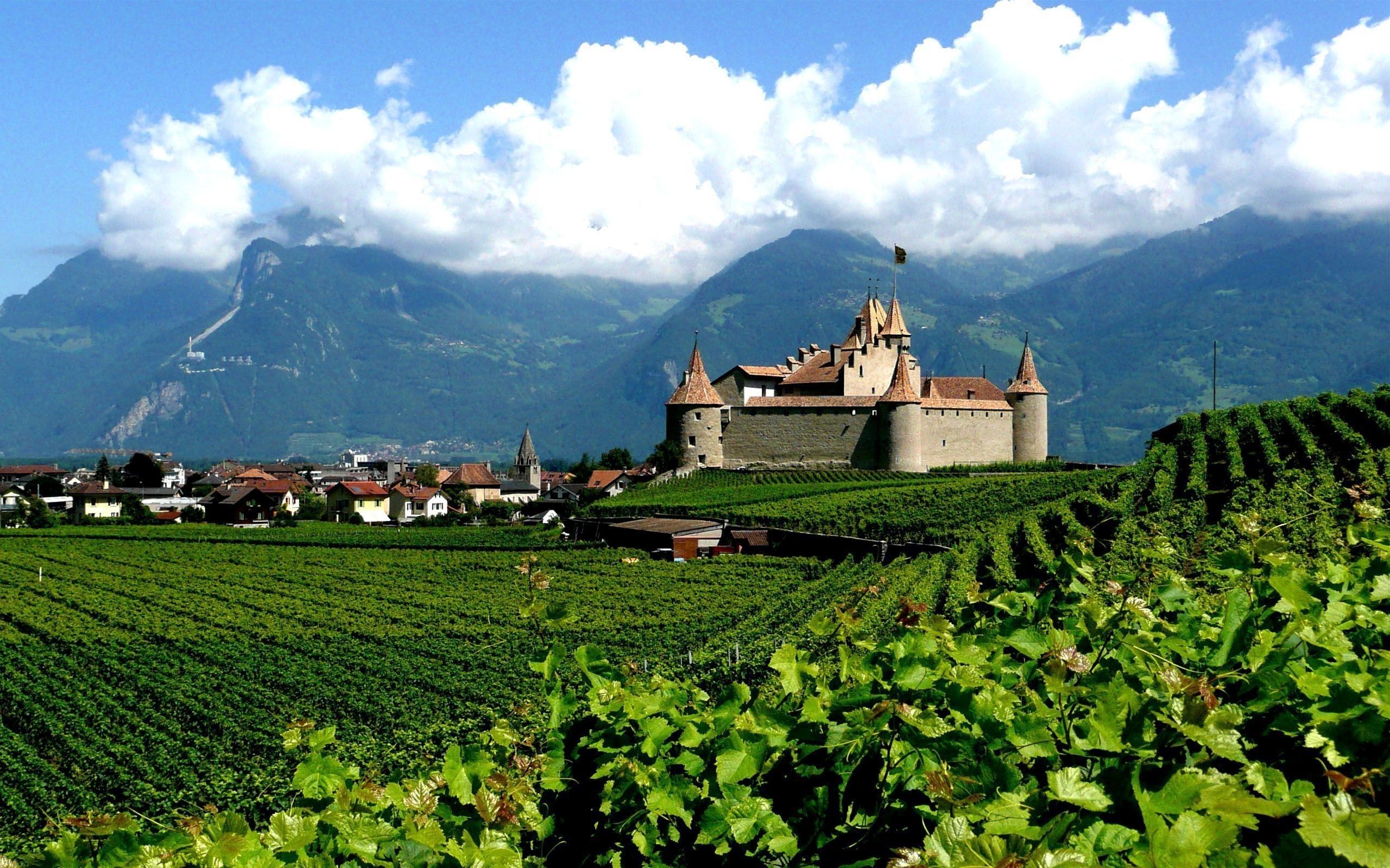 nature, Landscape, Castle, Switzerland, Field, Mountain, Clouds