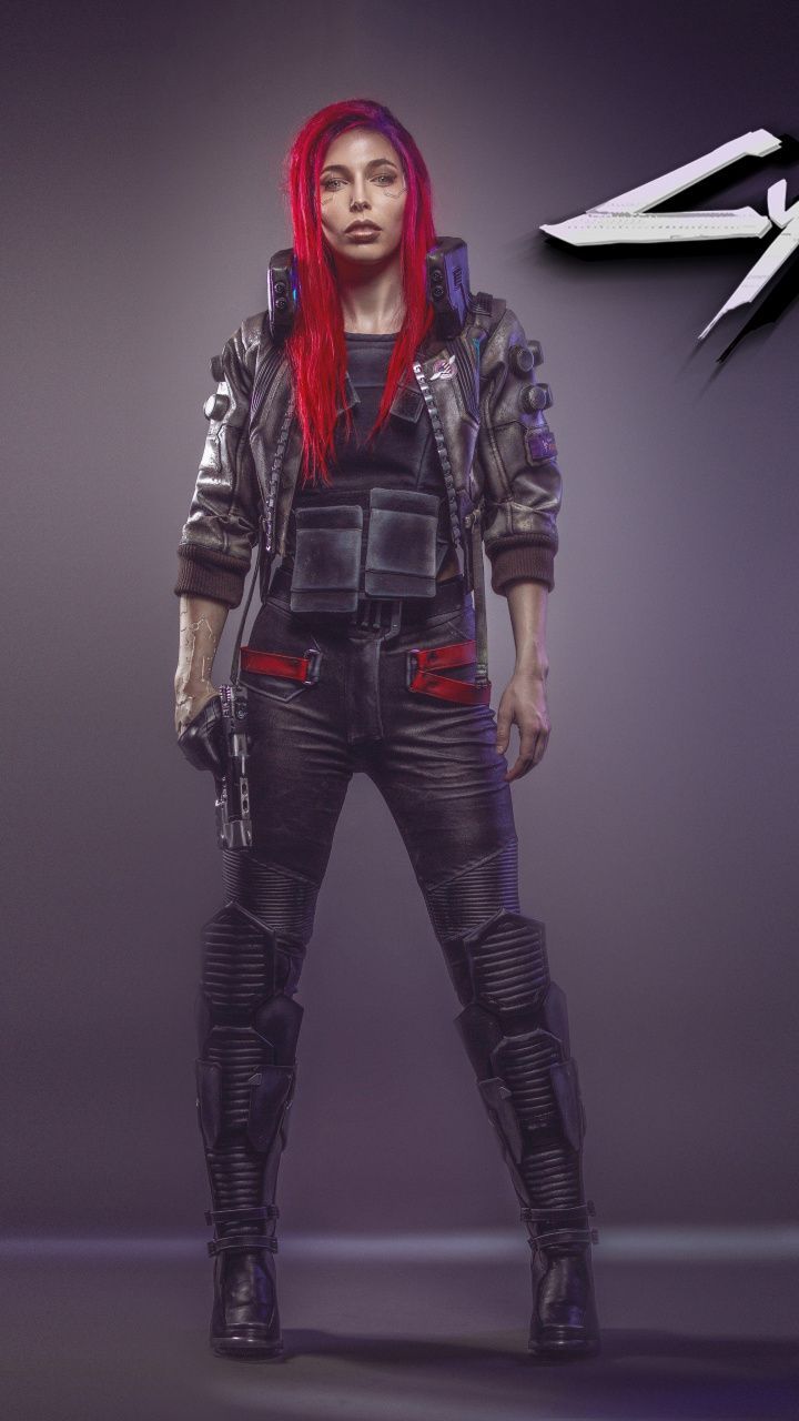 Cyberpunk woman, red head, video game, 720x1280 wallpaper