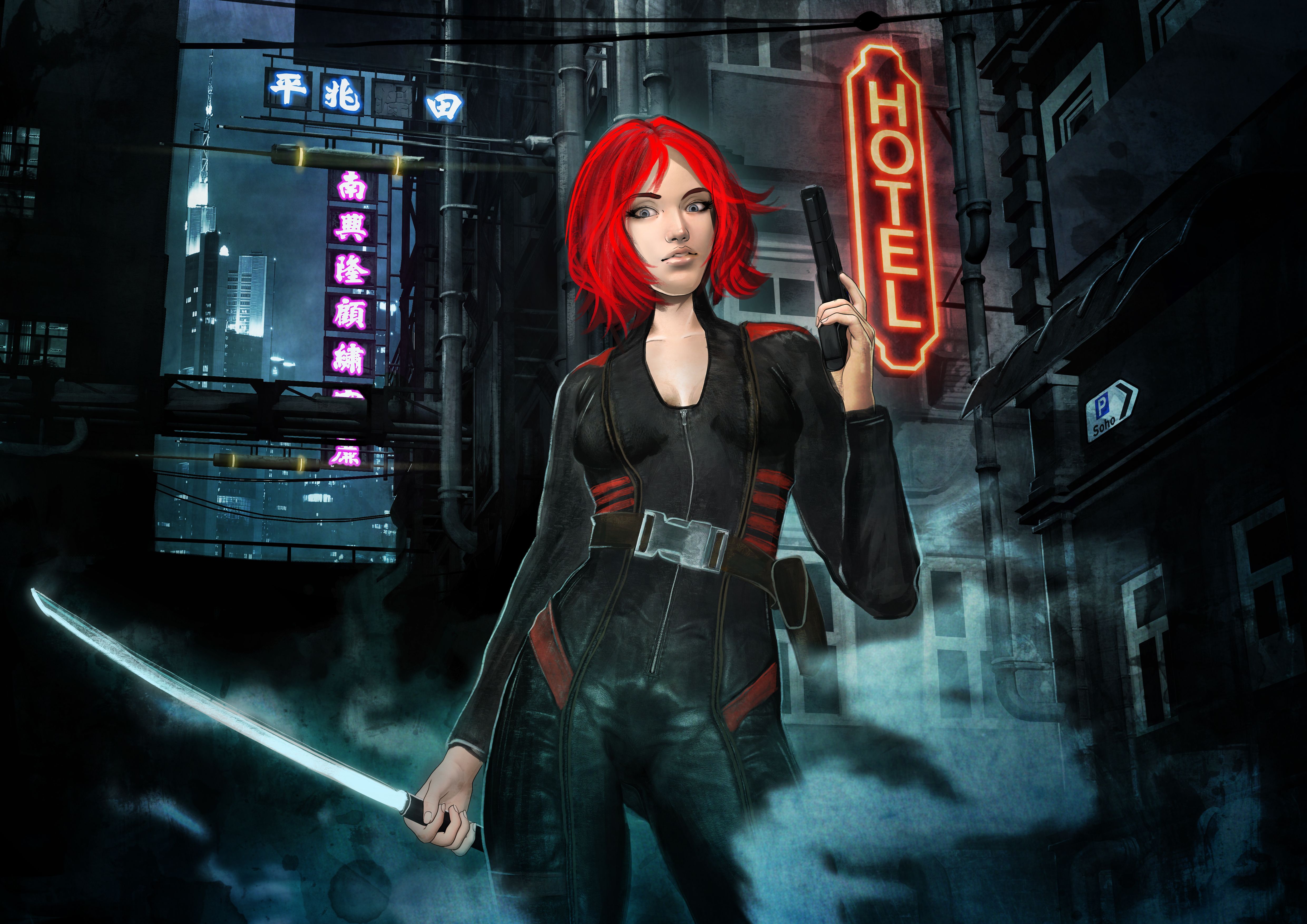 Red Hair Cyberpunk Girl Wallpaper, HD Artist 4K Wallpaper, Image