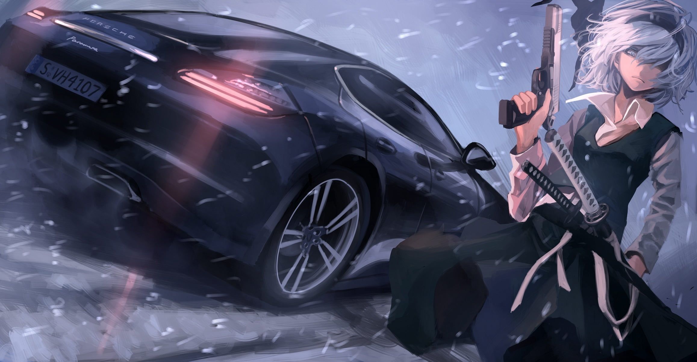 Anime character holding gun beside car 3D wallpaper HD wallpaper