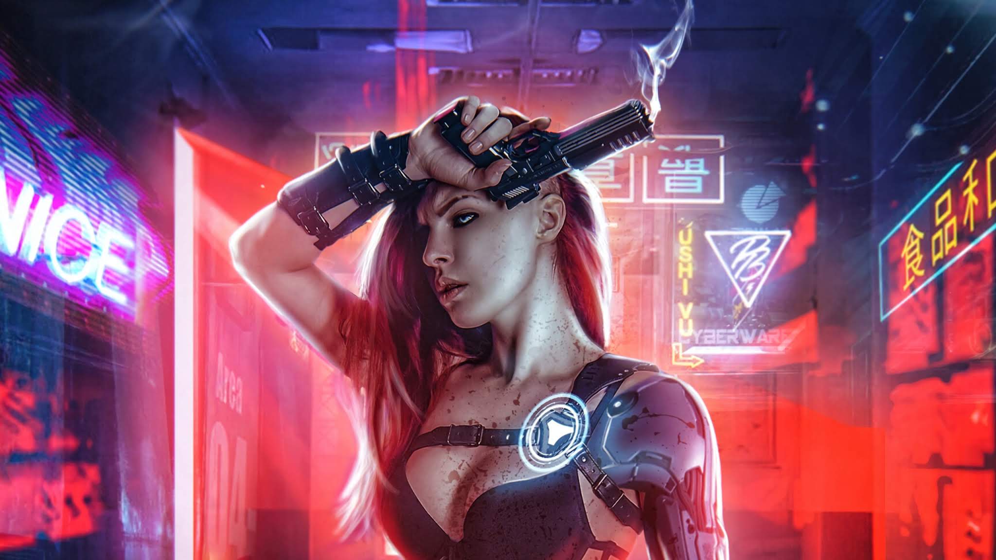 Download 1920 X 1080 Gaming Cyberpunk Woman With Motorcycle Wallpaper