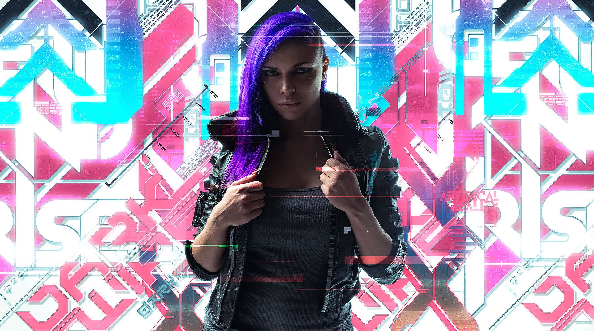 Desktop wallpaper cyberpunk purple hair girl, artworks, HD