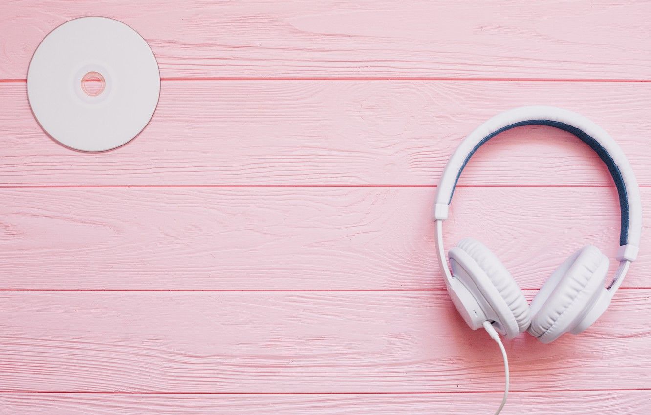 Wallpaper white, music, headphones, disk, pink background image