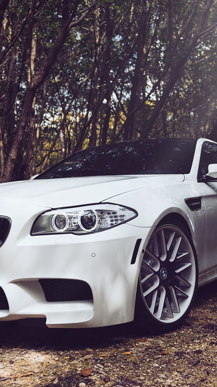 BMW M5 F10 White Car In Forest 750x1334 IPhone 8 7 6 6S Wallpaper