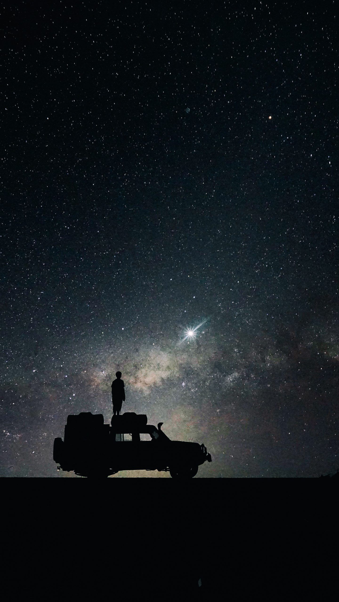 Night Car Man Silhouette Stars 5K Wallpaper