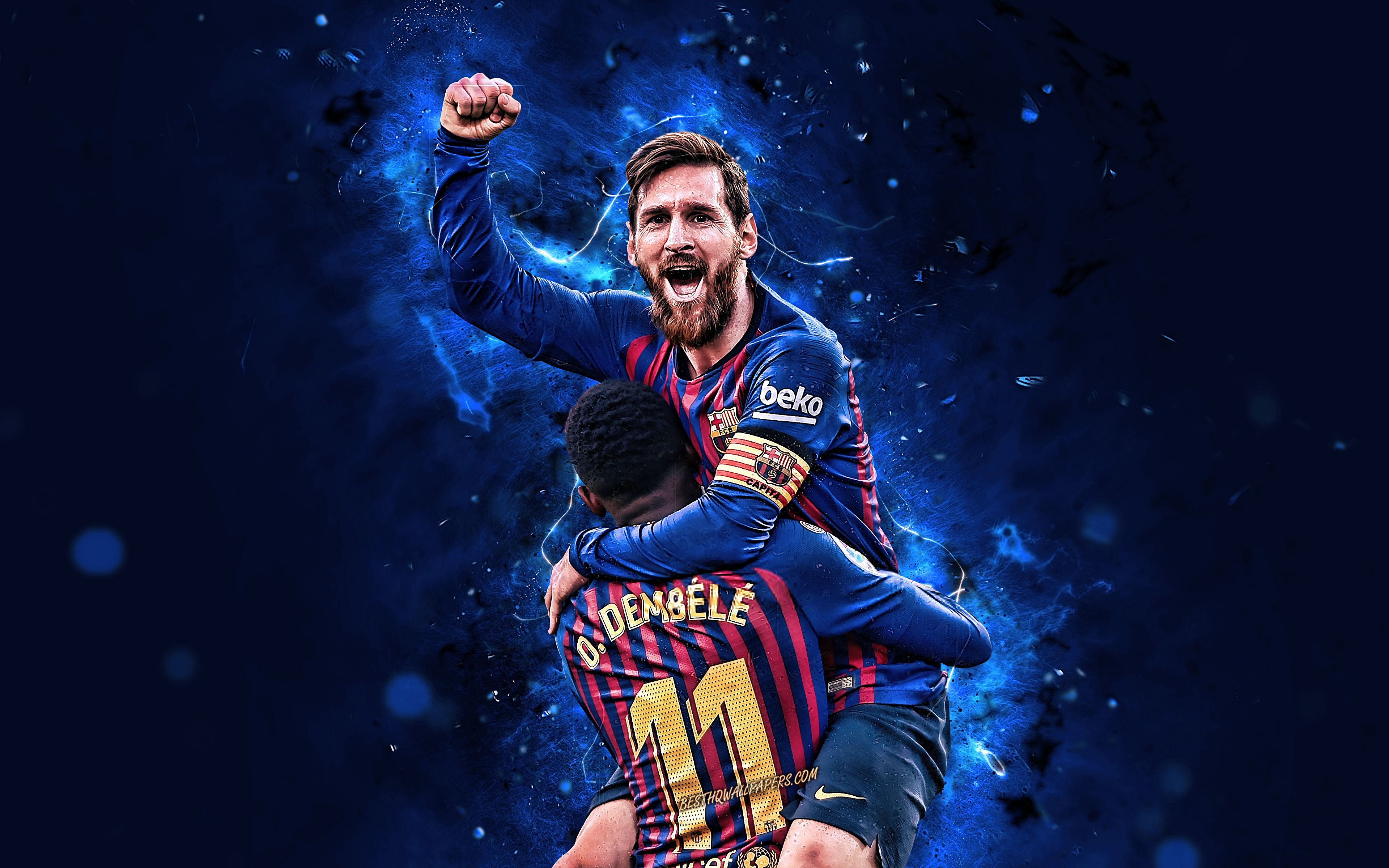 Download wallpaper 4k, Ousmane Dembele, Lionel Messi, goal