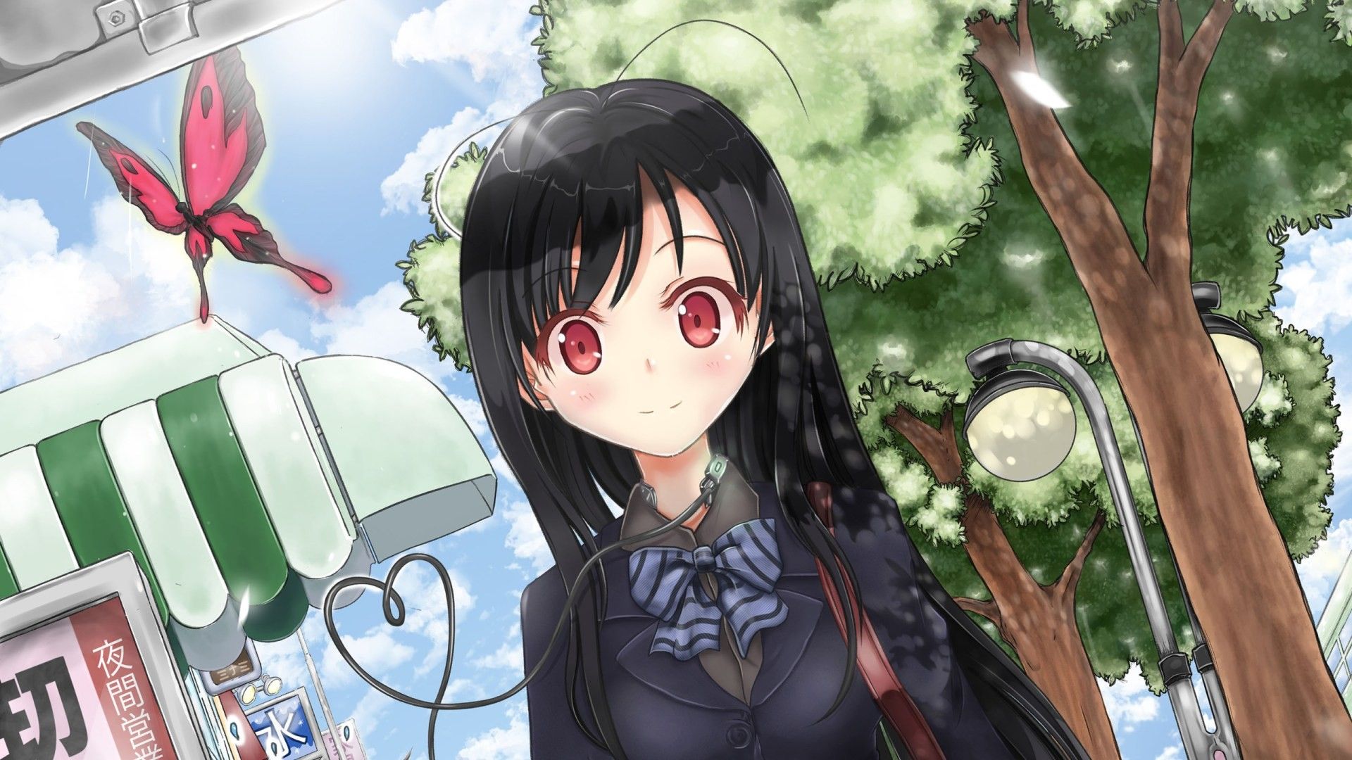 butterfly, school uniforms, long hair, red eyes, anime girls