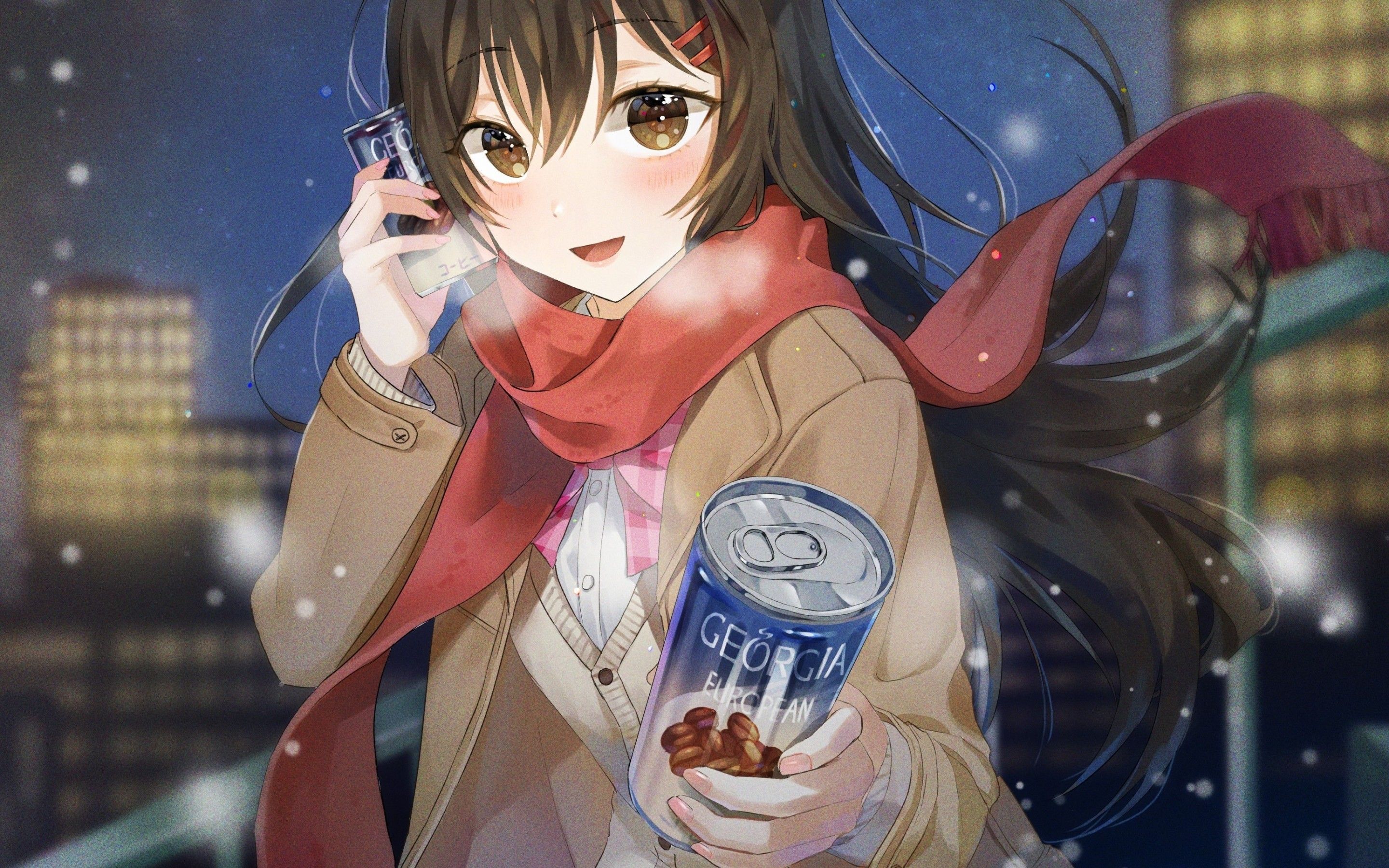 Download 2880x1800 Anime School Girl, Coffee, Cold, Winter, Black