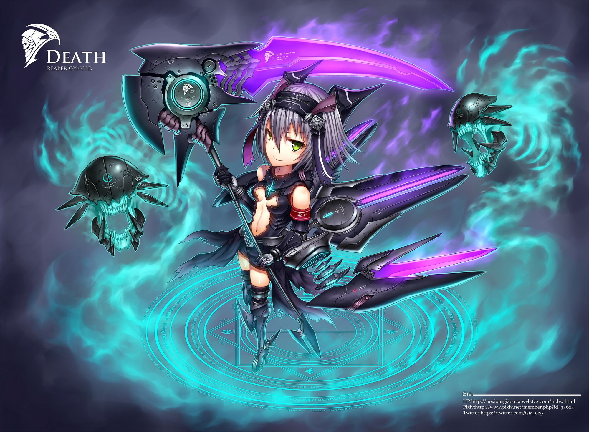 armor, Gia, Green, Eyes, Magic, Circle, Original, Scythe, Skull