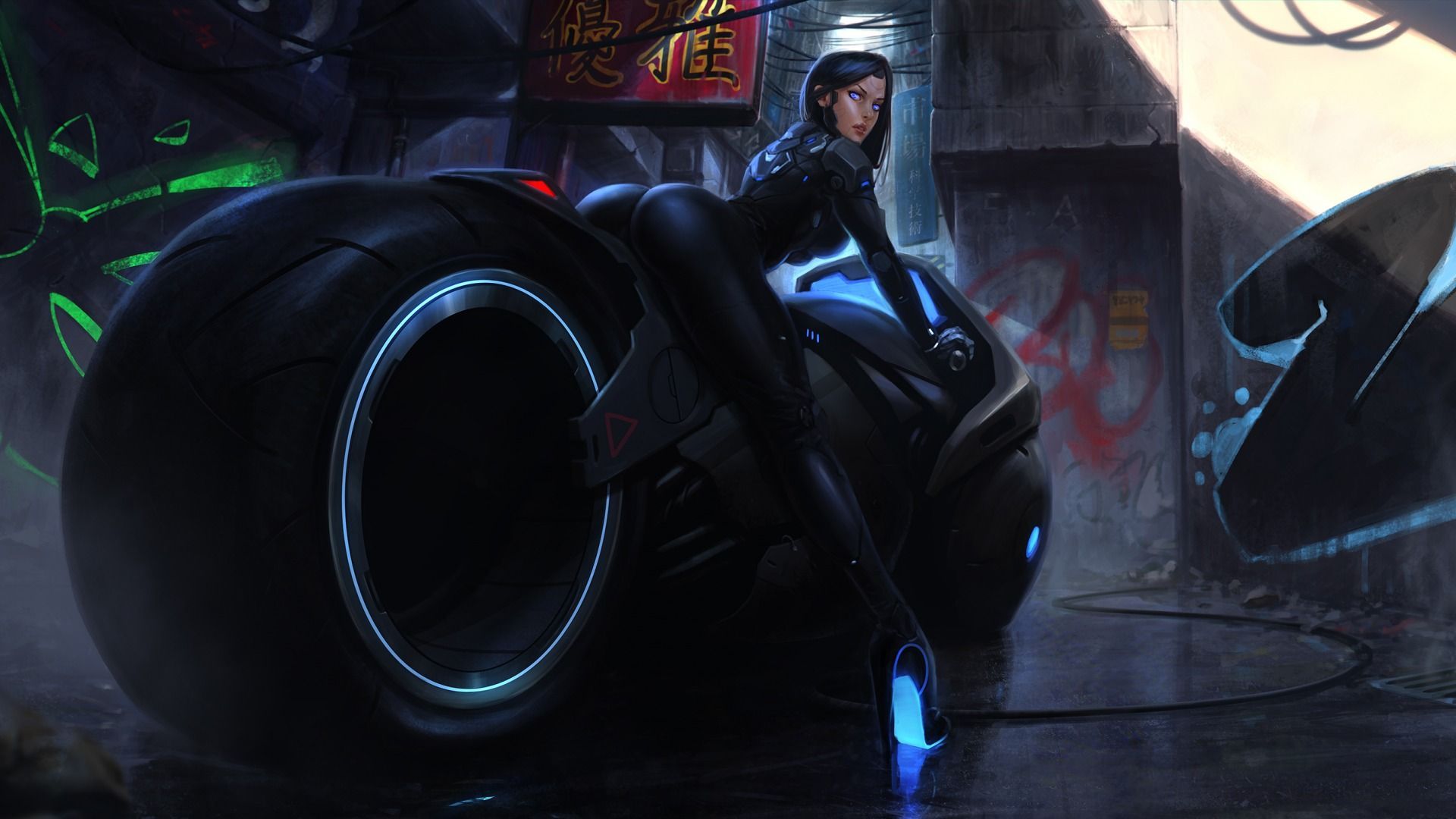 Download 1920 X 1080 Gaming Cyberpunk Woman With Motorcycle Wallpaper