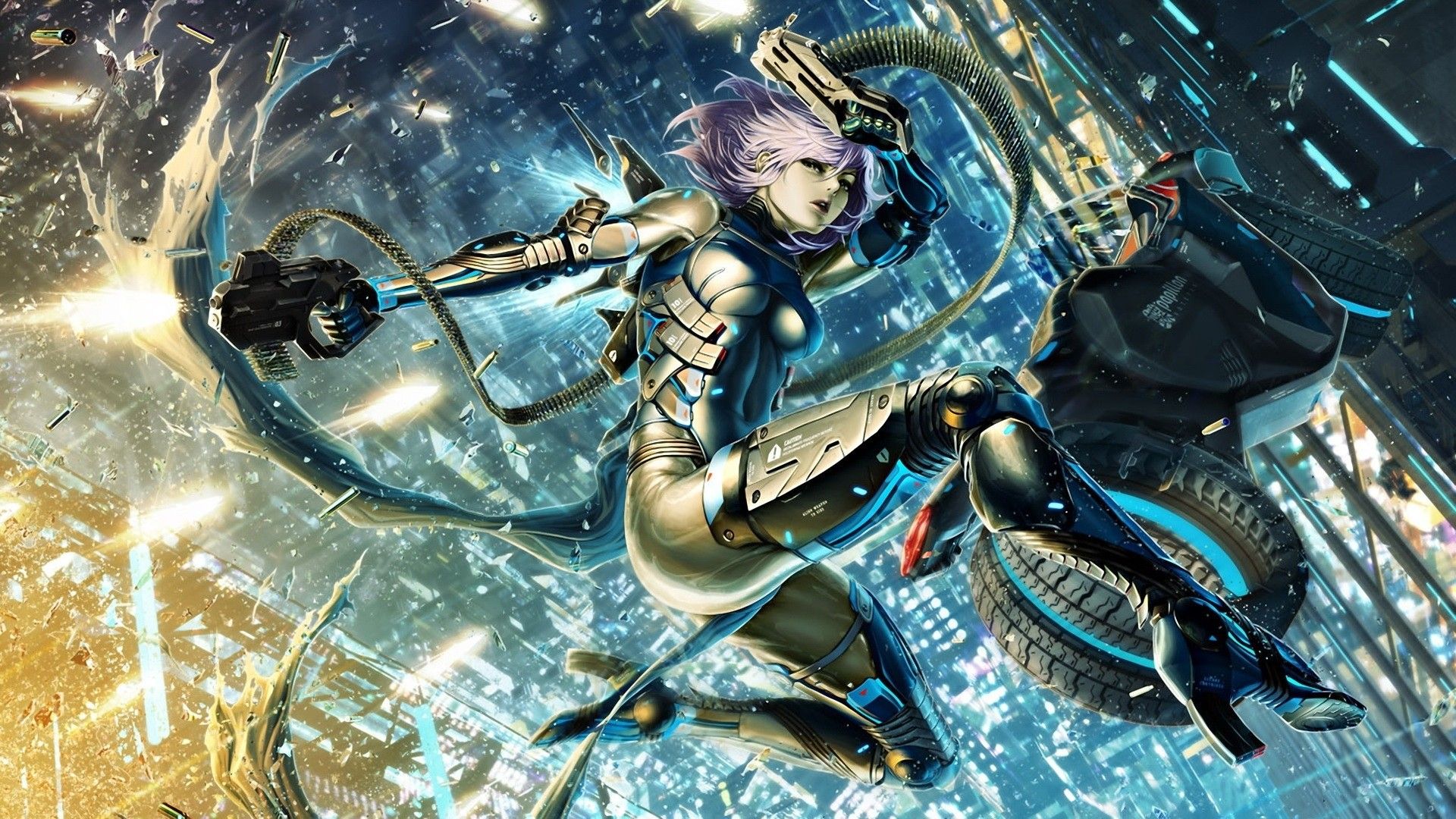 Download 1920x1080 Futuristic, Cyberpunk, Anime Girls, Fight wallpaper