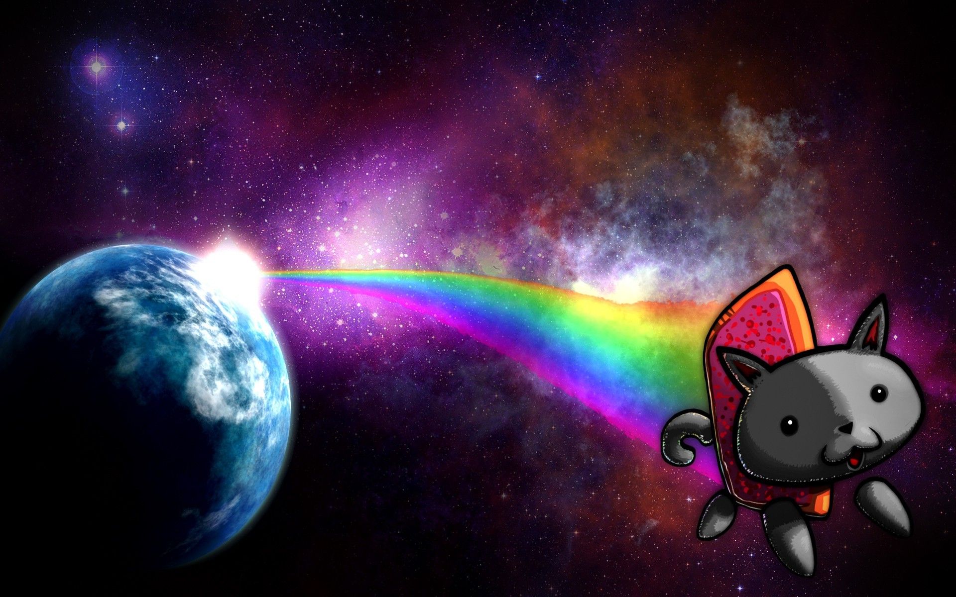 Nyan Cat, Memes, Cat, Planet, Space, Rainbows, Stars, Digital Art