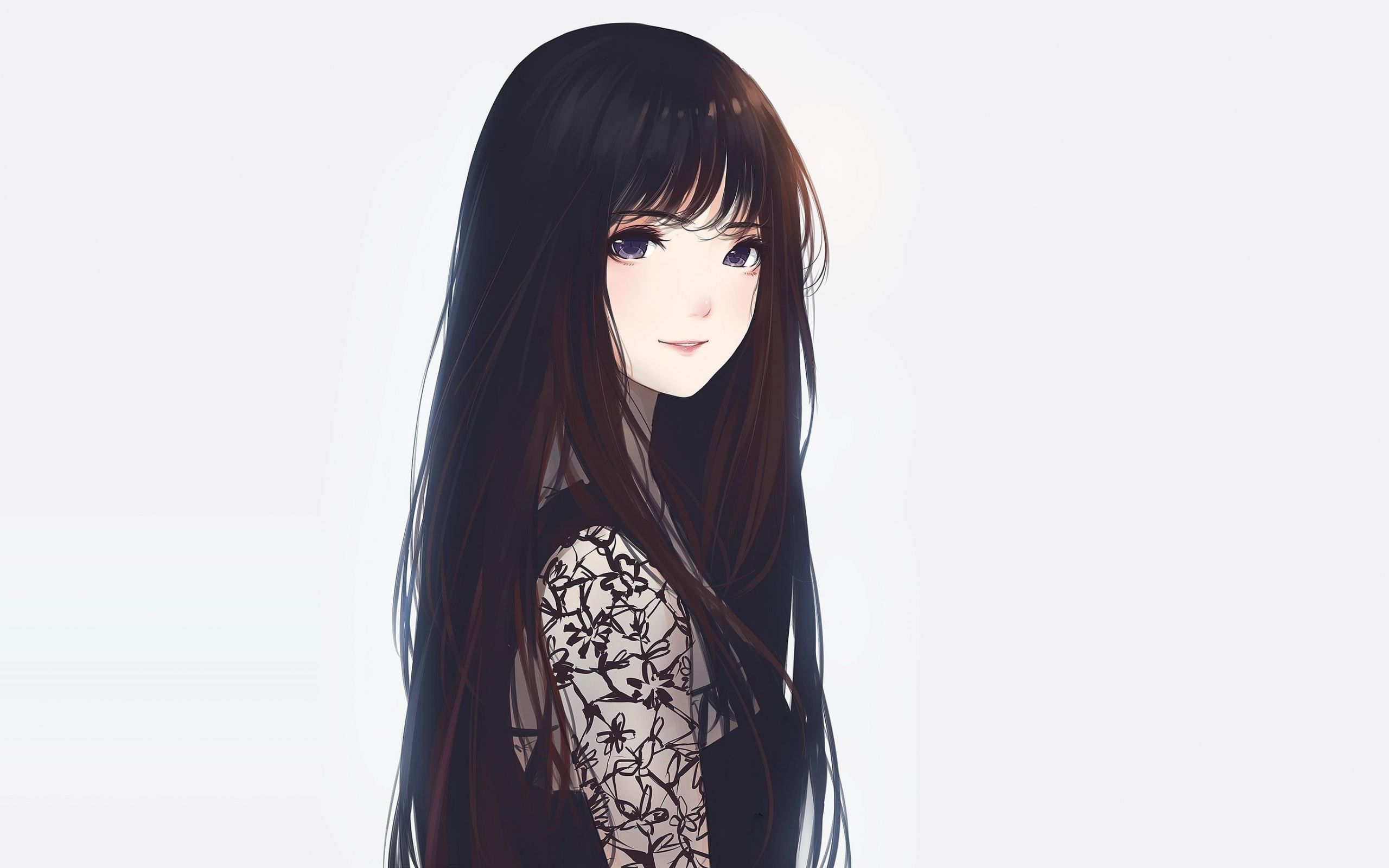 Blue eyes long hair black dress profile simple background anime