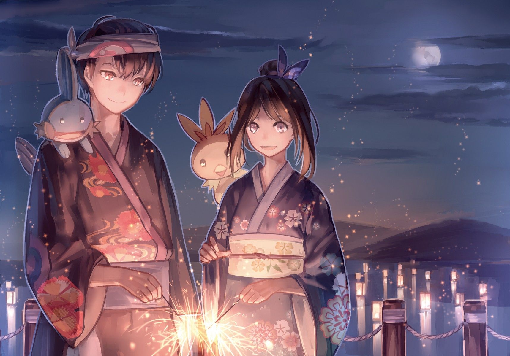 fireworks, #kimono, #pokémon, #night, Wallpaper