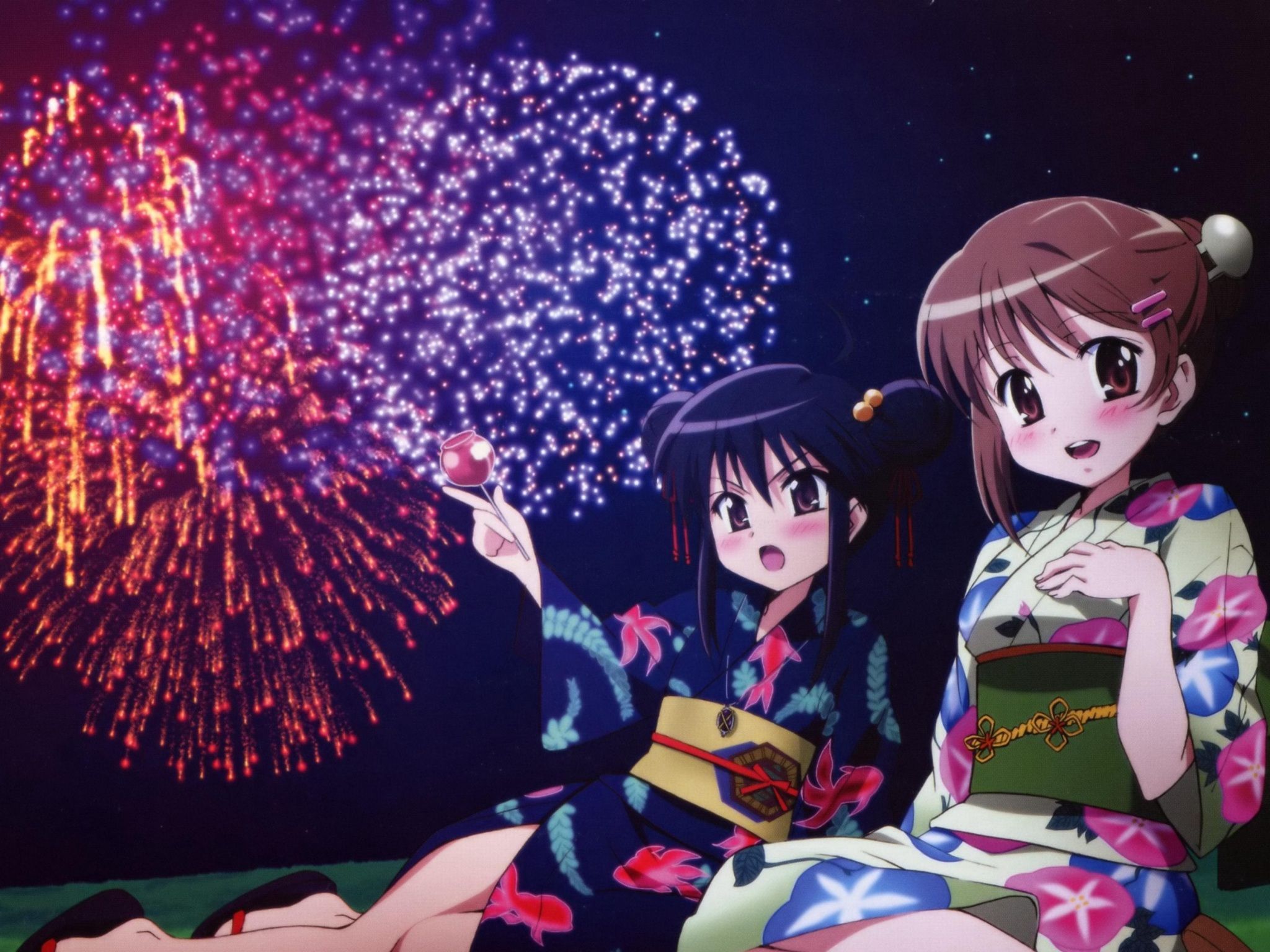 Wallpaper 4k shakugan no shana, girls, fireworks, kimono 4k