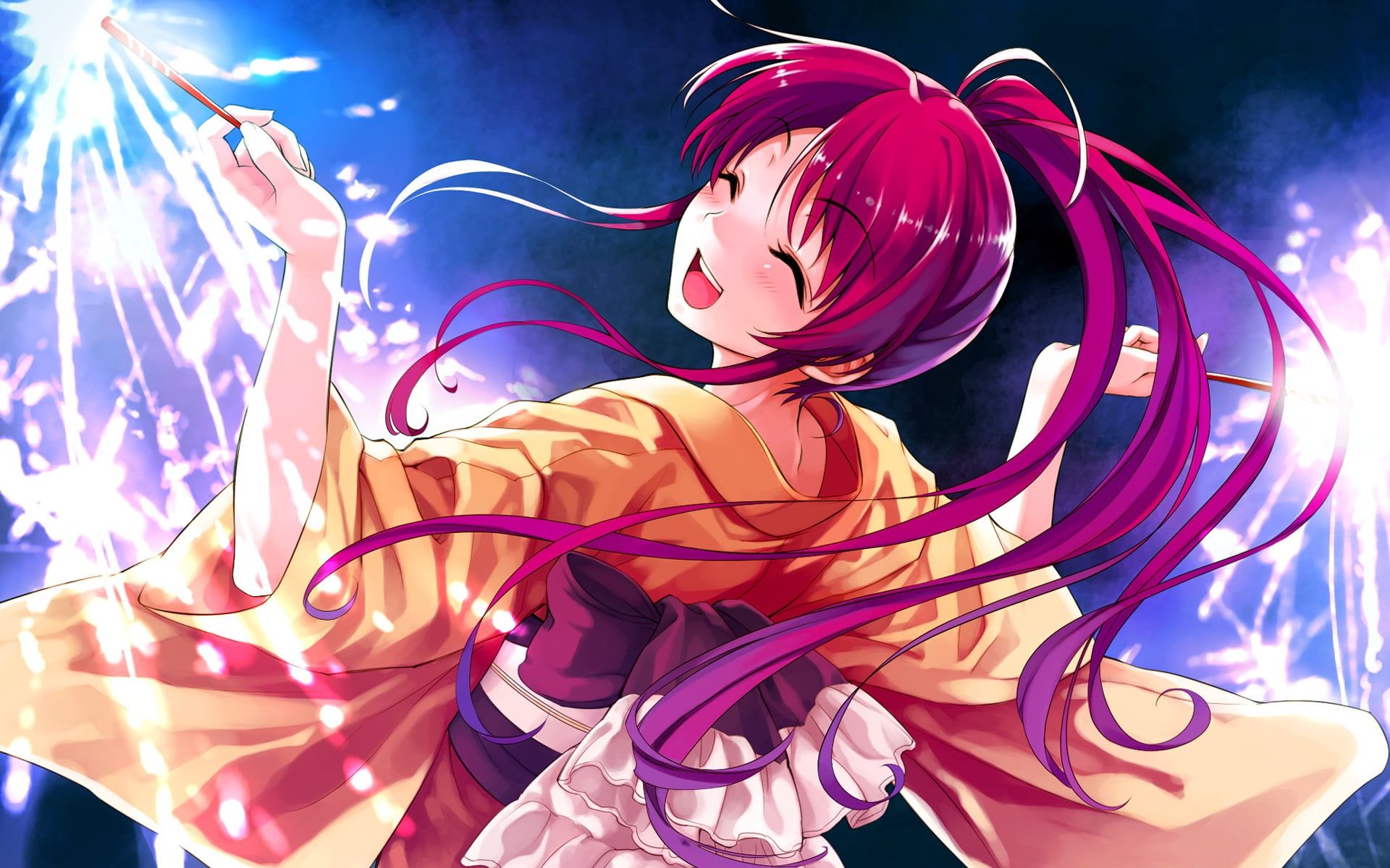 Purple Haired Female Anime Wearing Yellow Kimono Holding Fireworks